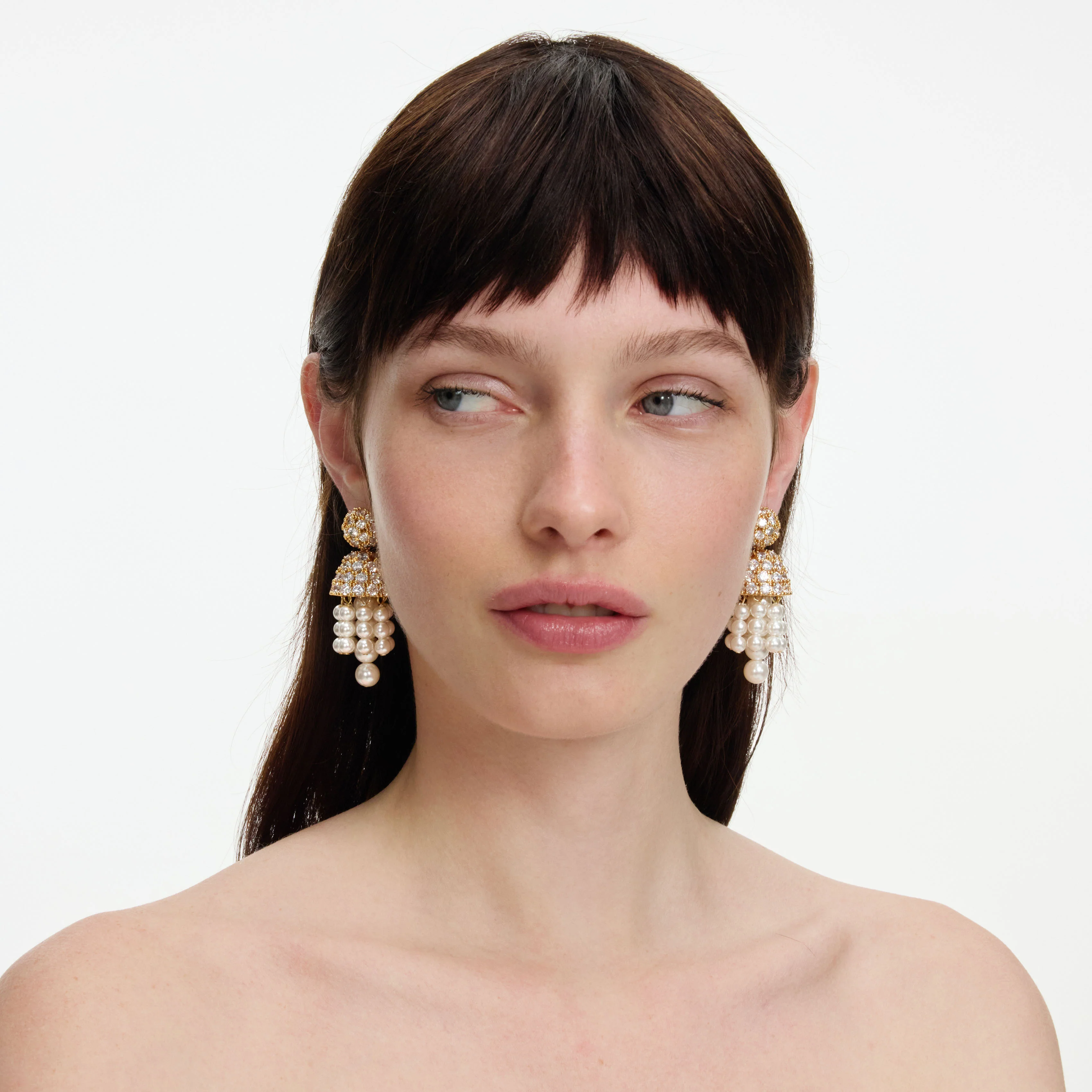 Gold Crystal Cluster Pearl Drop Earrings - Image 4