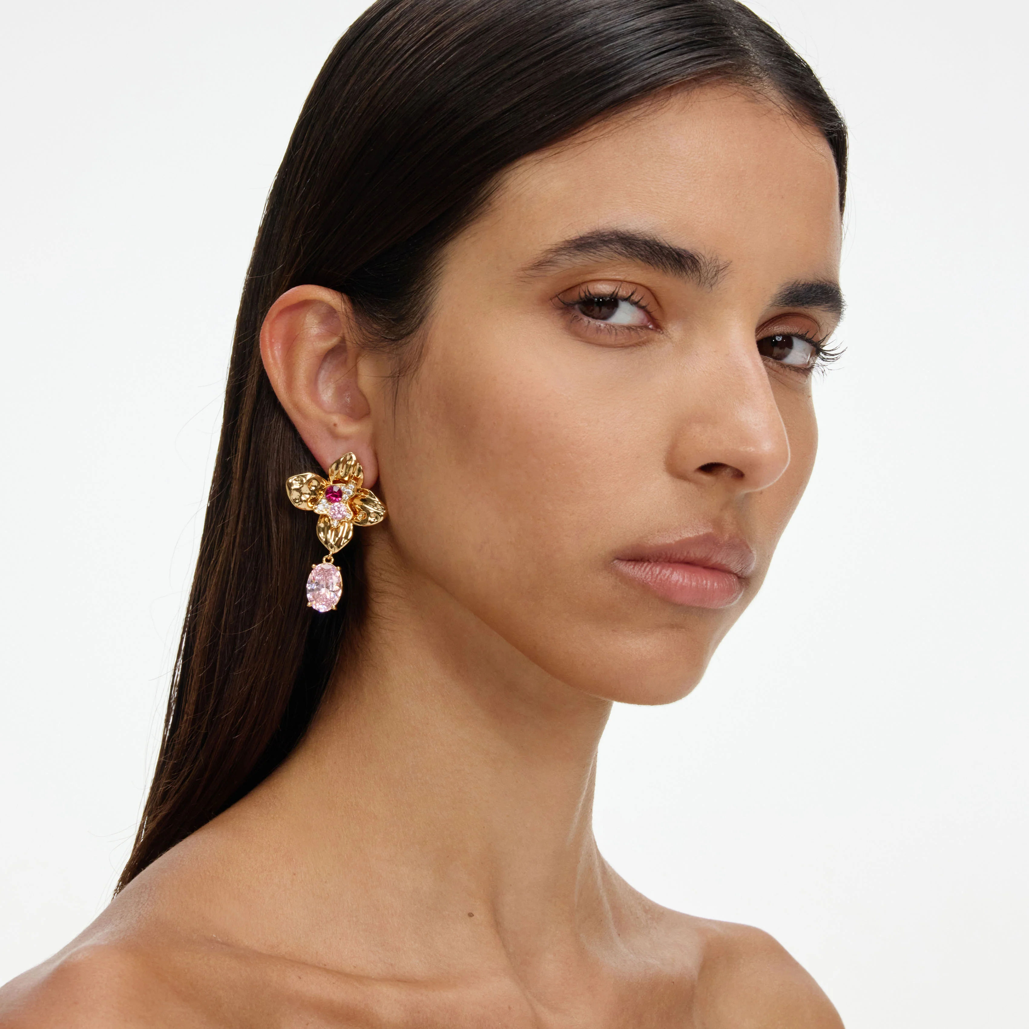 Gold Crystal Embellished Flower Earrings - Image 2