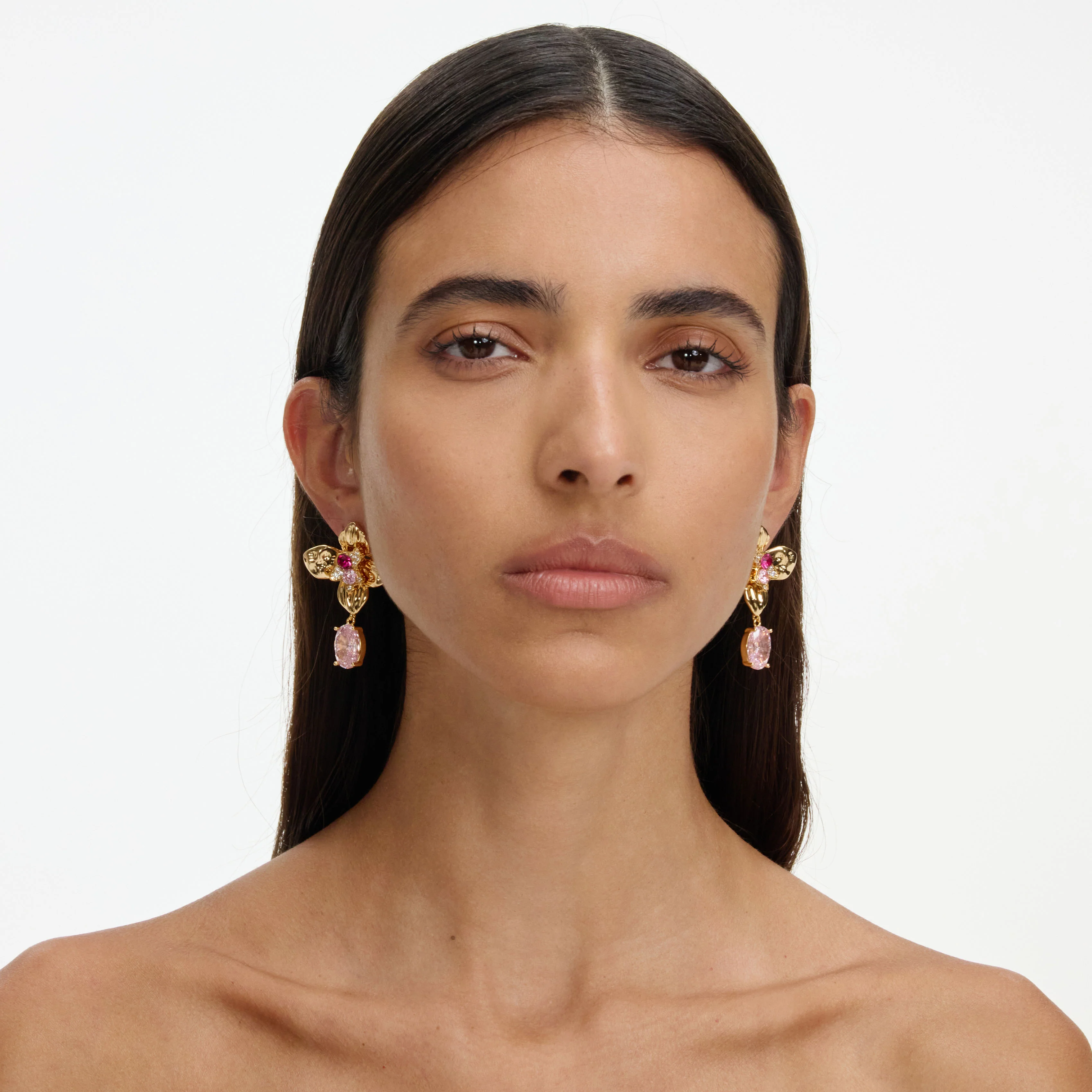 Gold Crystal Embellished Flower Earrings - Image 4