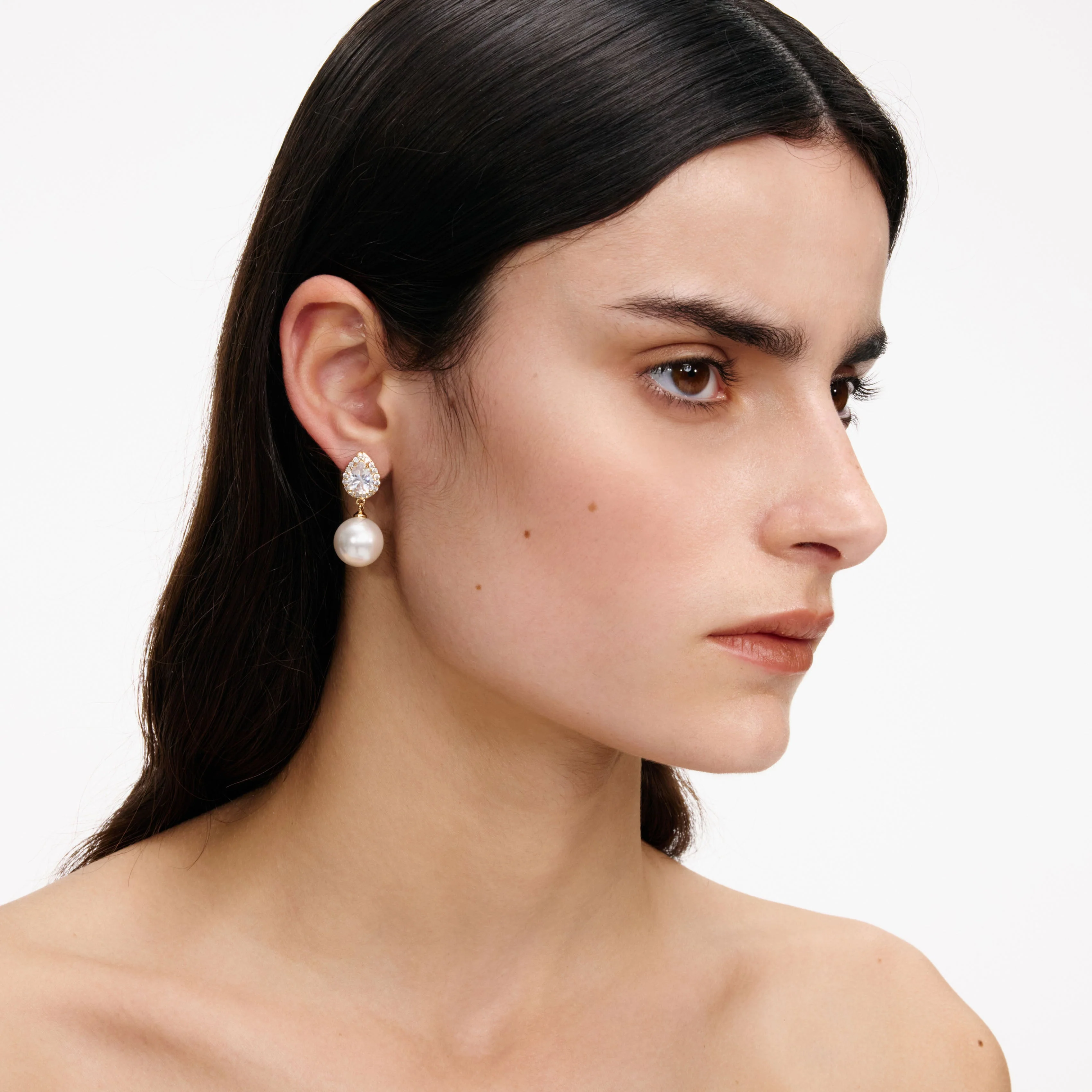 Gold Crystal Pearl Drop Earrings - Image 2