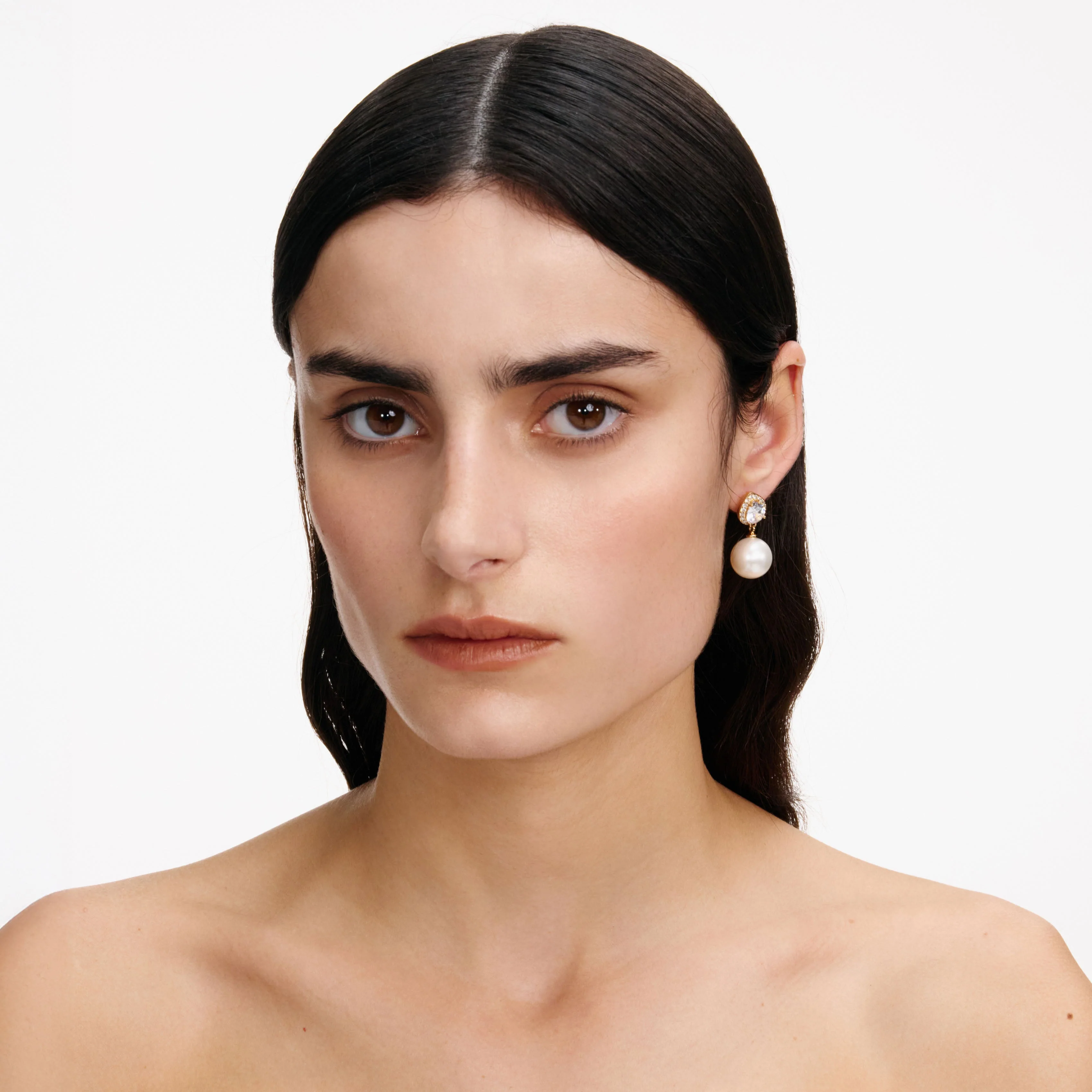 Gold Crystal Pearl Drop Earrings - Image 4