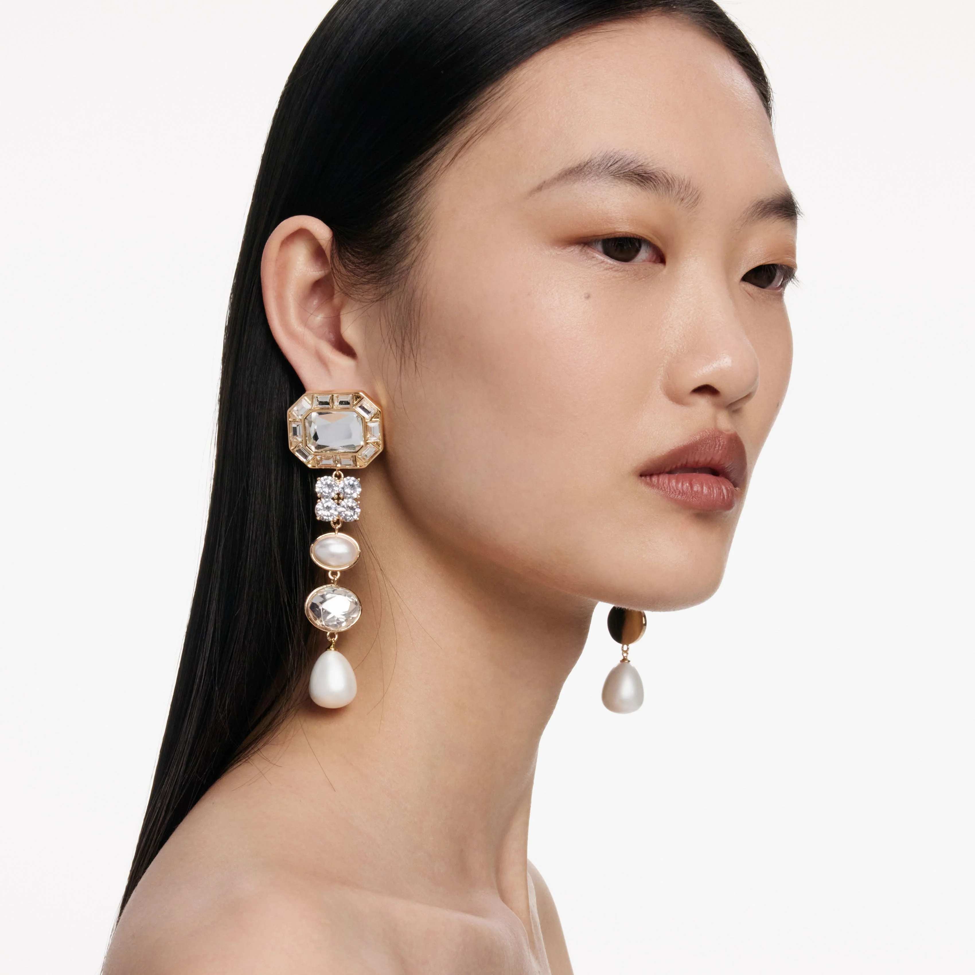 Gold Crystal Pearl Tiered Earrings - Image 2