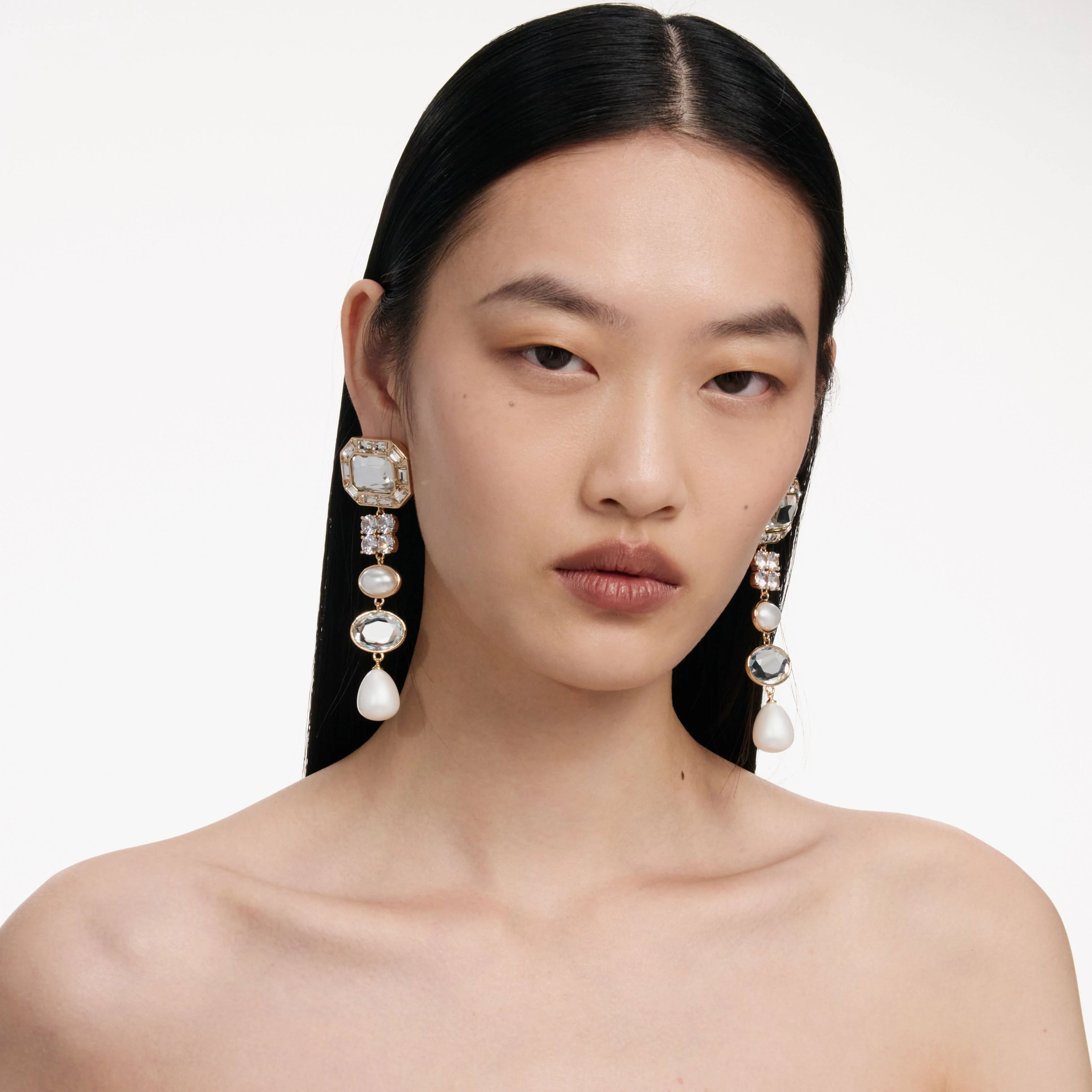 Gold Crystal Pearl Tiered Earrings - Image 4