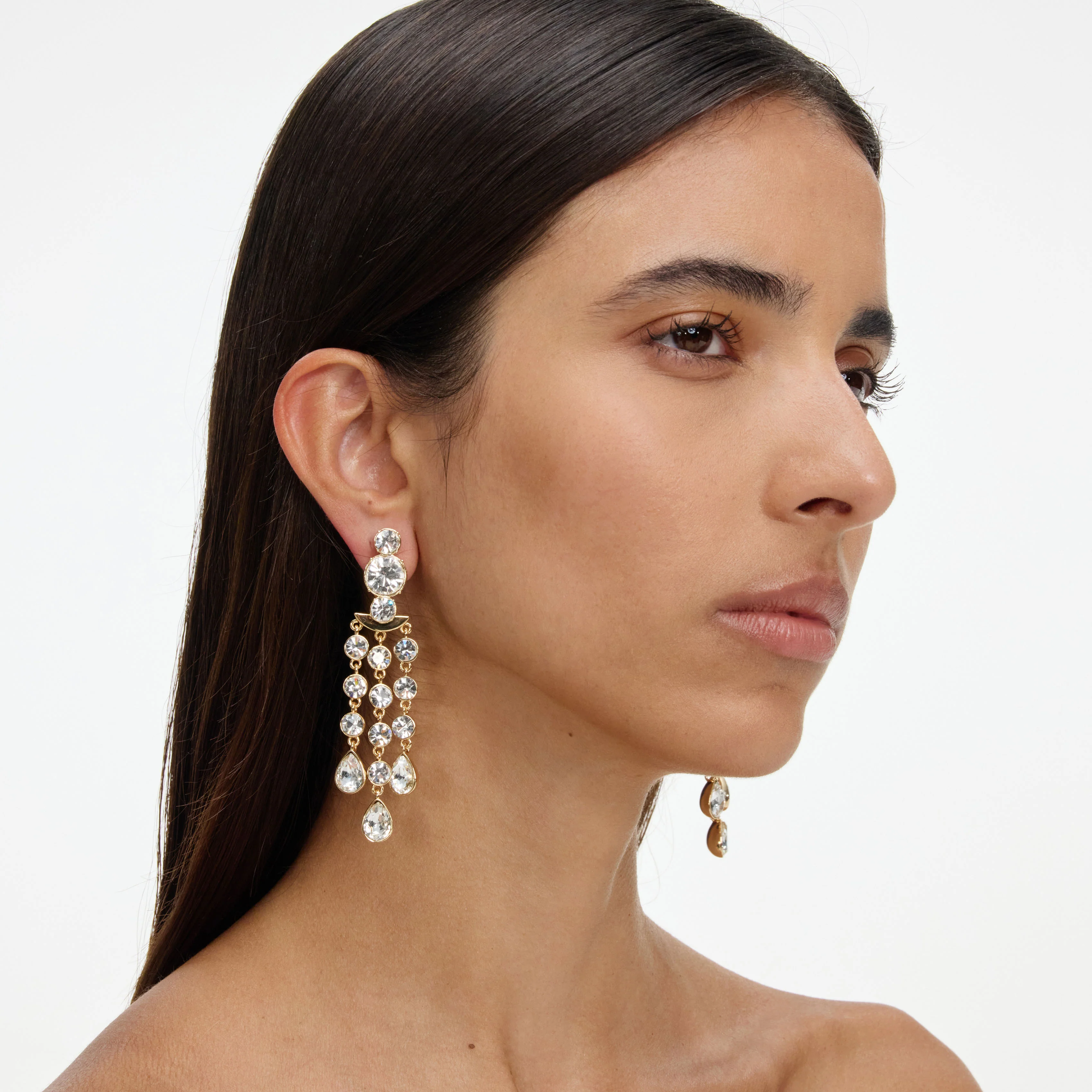Gold Crystal Tiered Droplet Earrings - Image 2