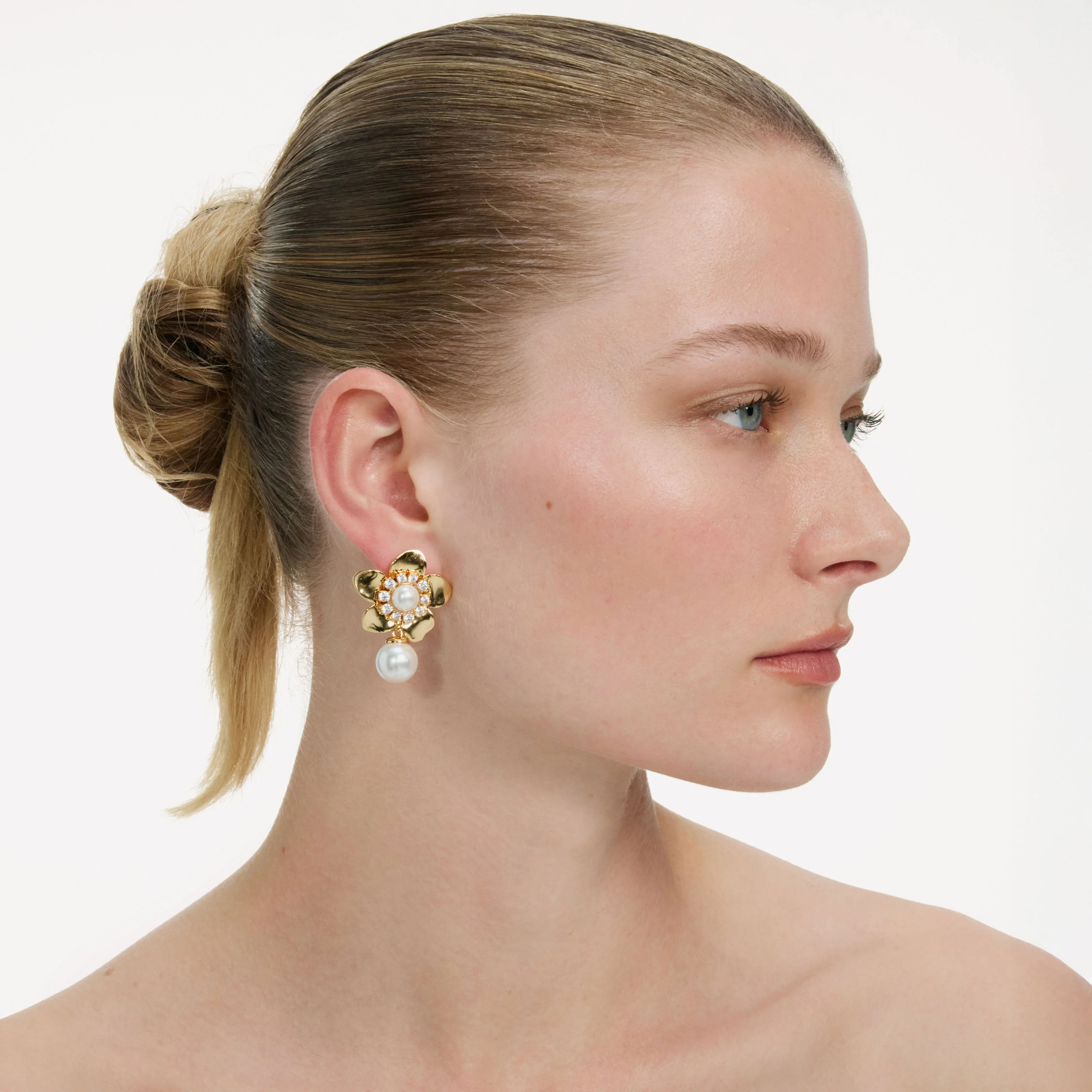 Gold Flower Pearl Earrings - Image 2