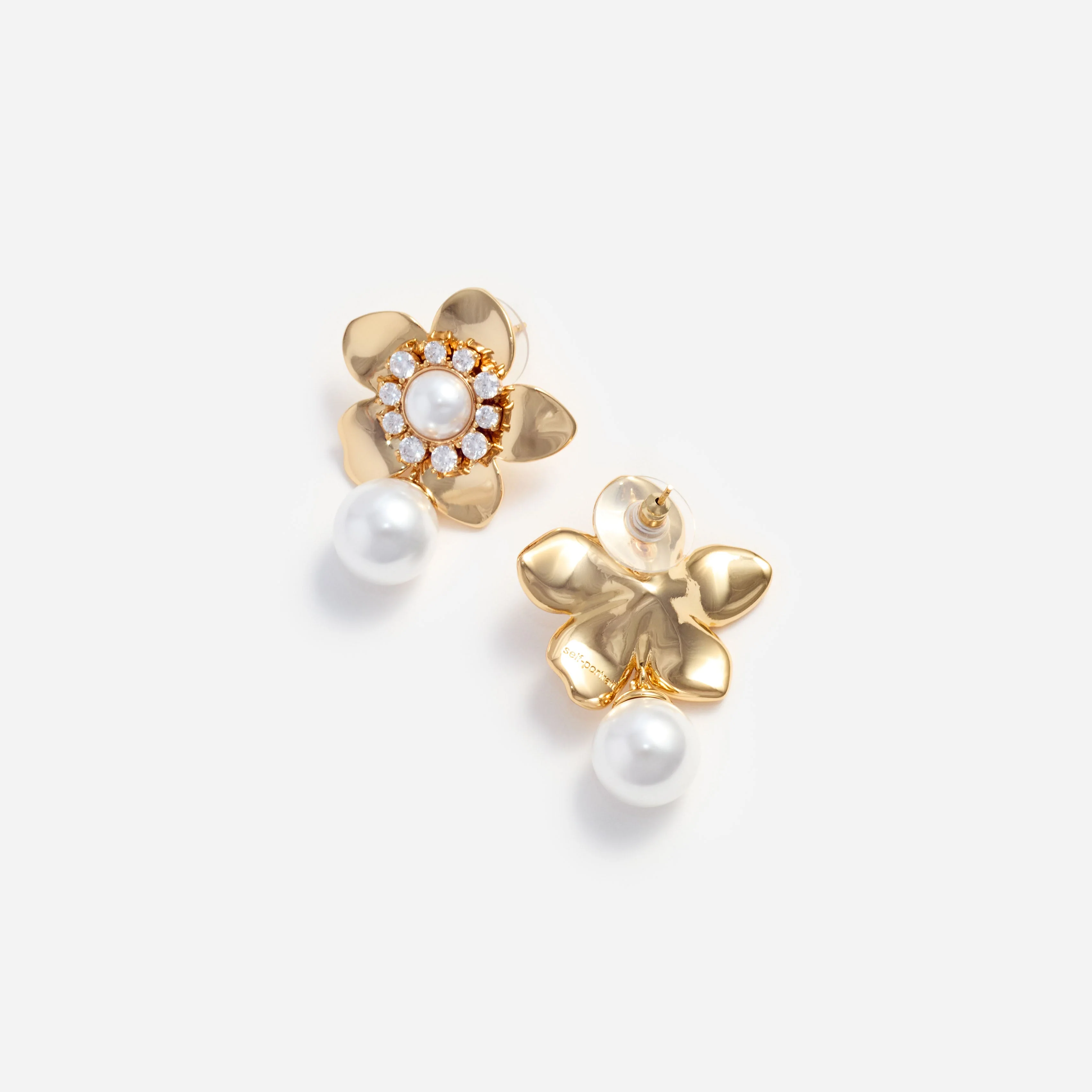 Gold Flower Pearl Earrings - Image 3