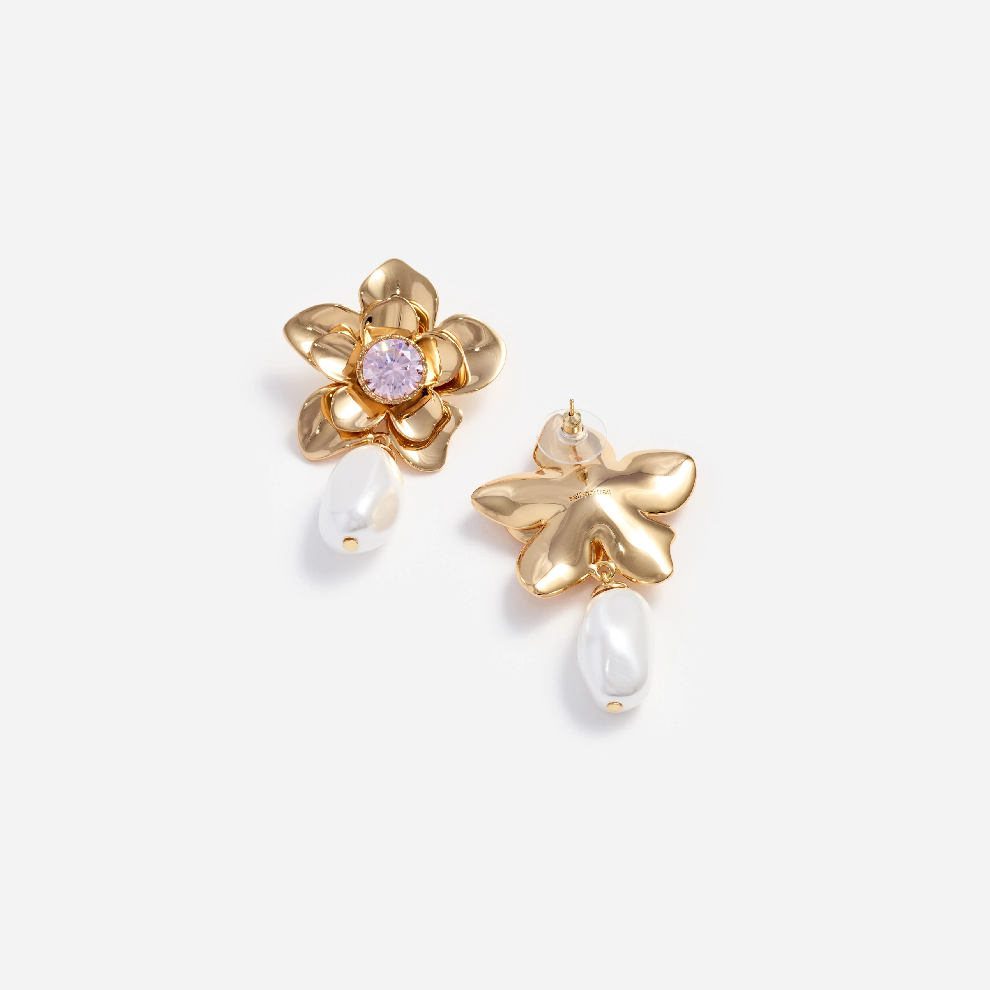 Gold Flower Pink Crystal Earrings - Image 3