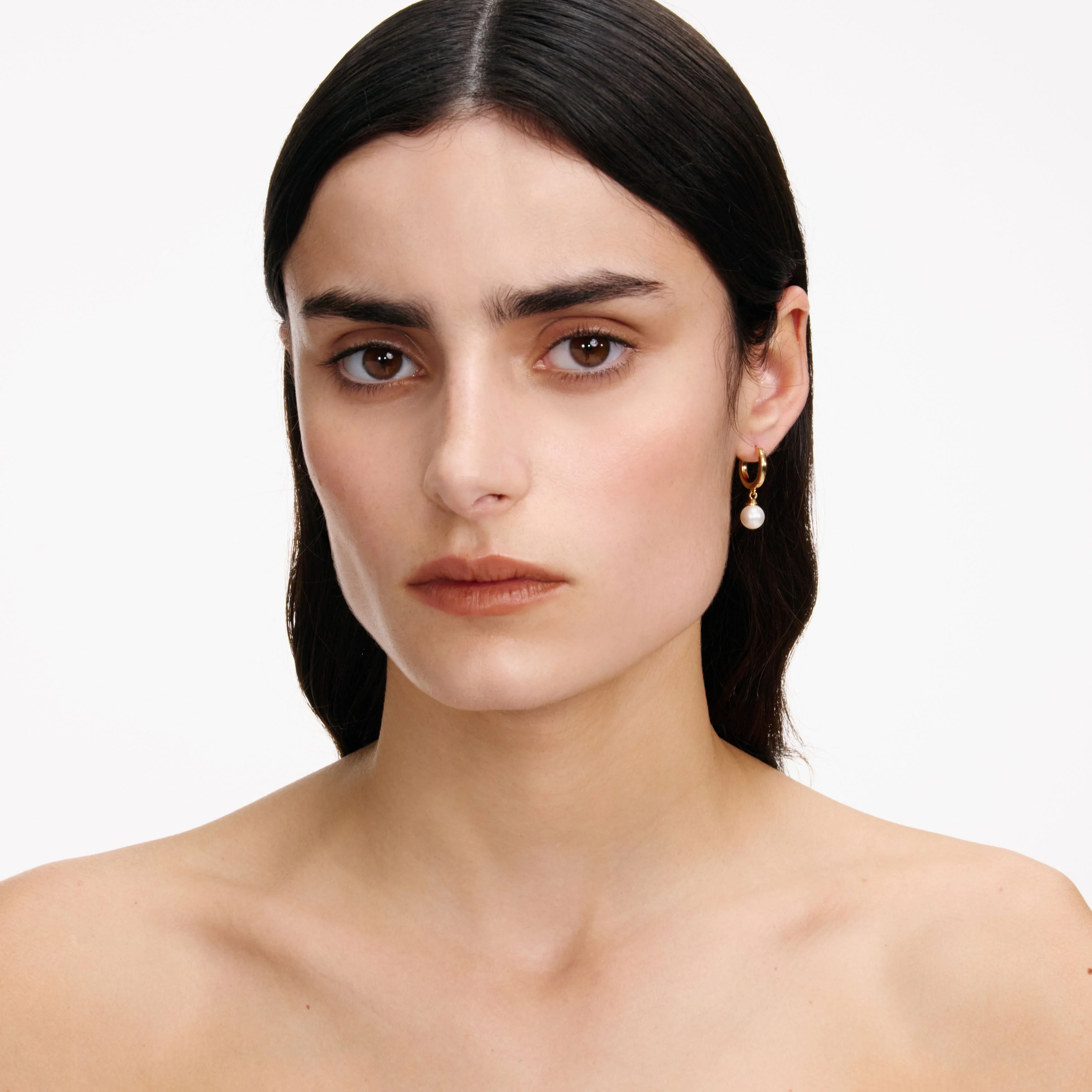 Gold Pearl Drop Hoop Earrings - Image 4