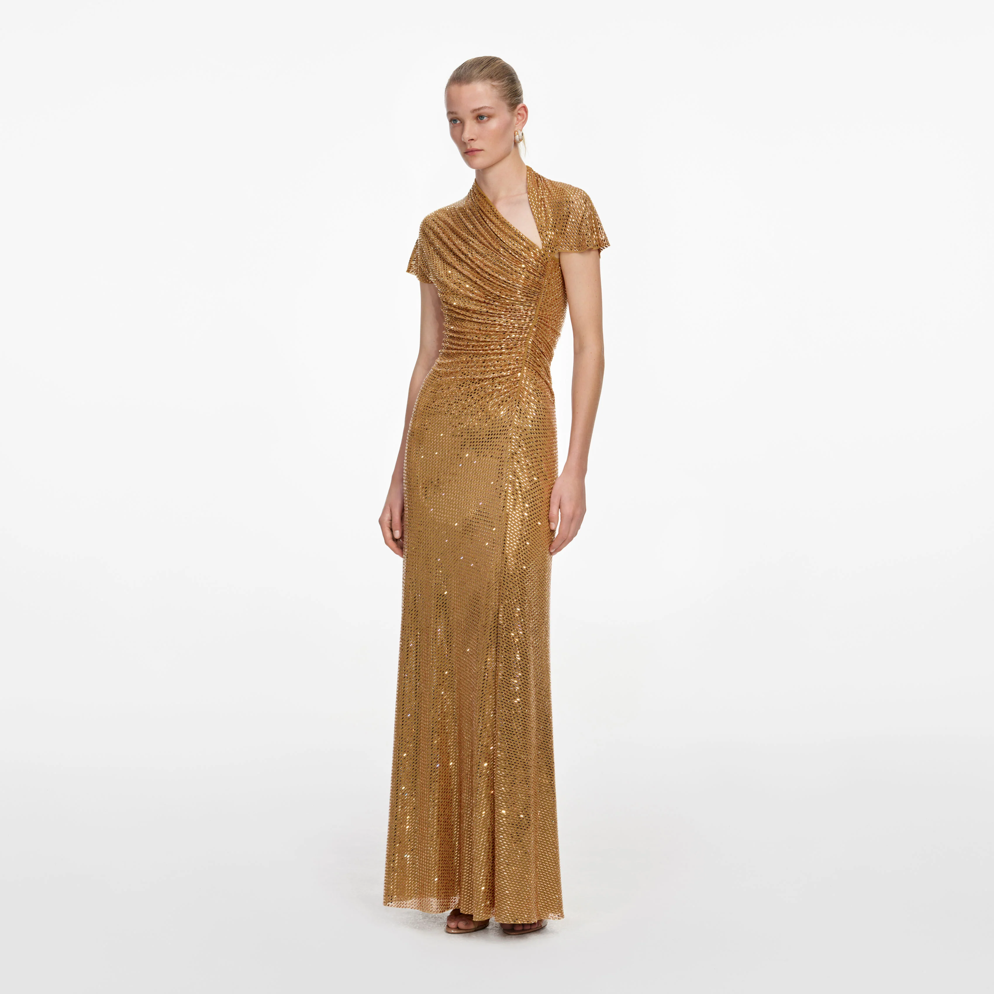 Gold Rhinestone Drape Maxi Dress - Image 2