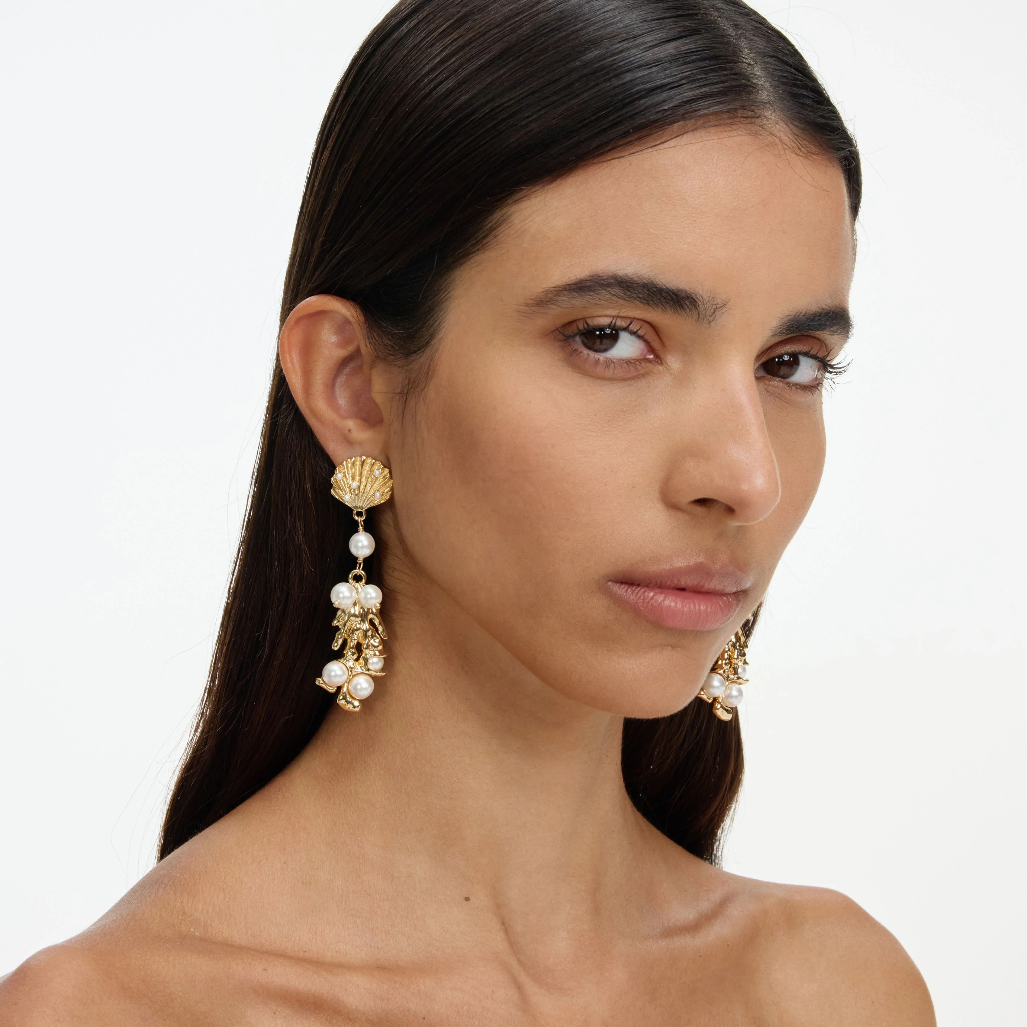 Gold Shell Pearl Coral Earrings - Image 2