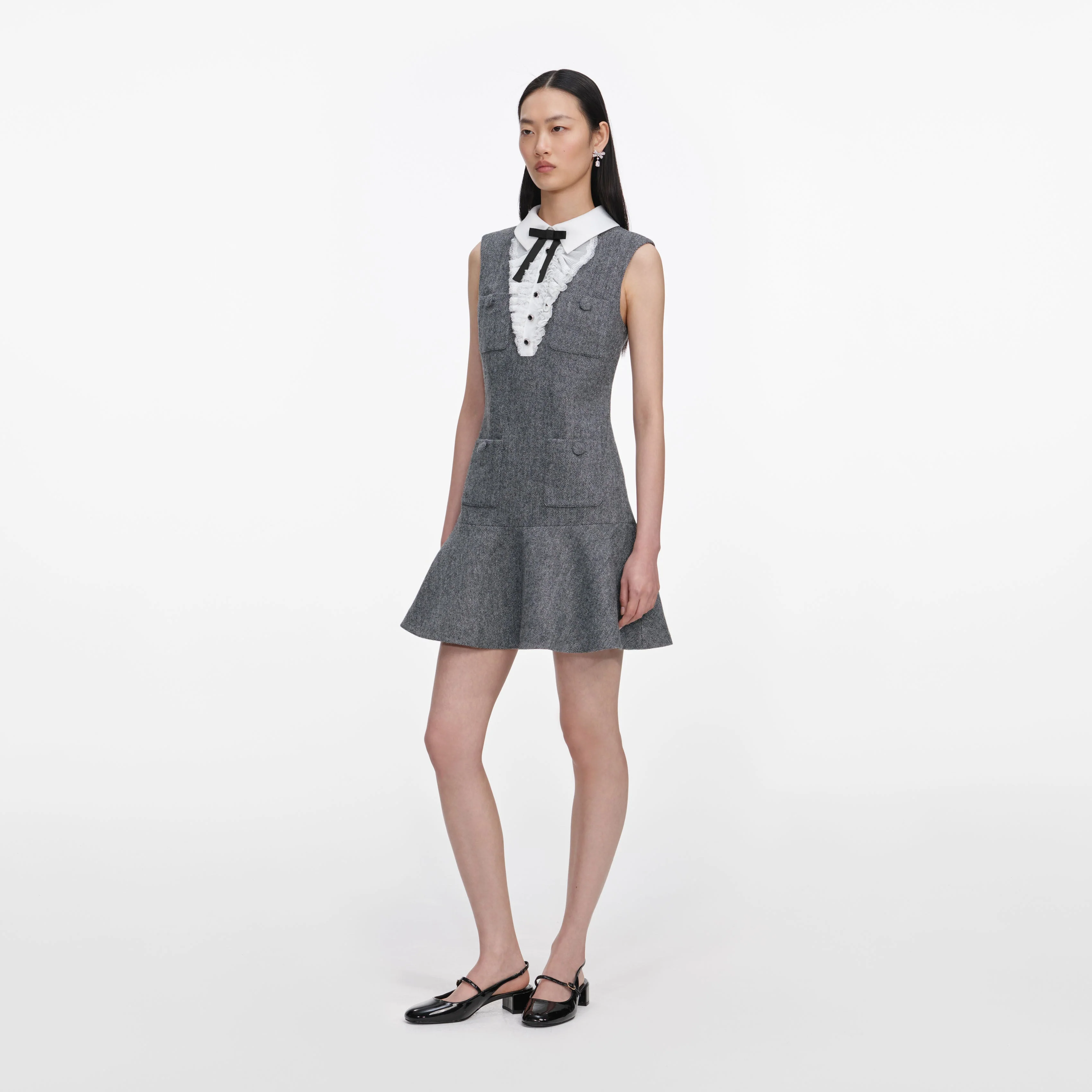 Grey Herringbone Lace Bib Mini Dress - Image 2