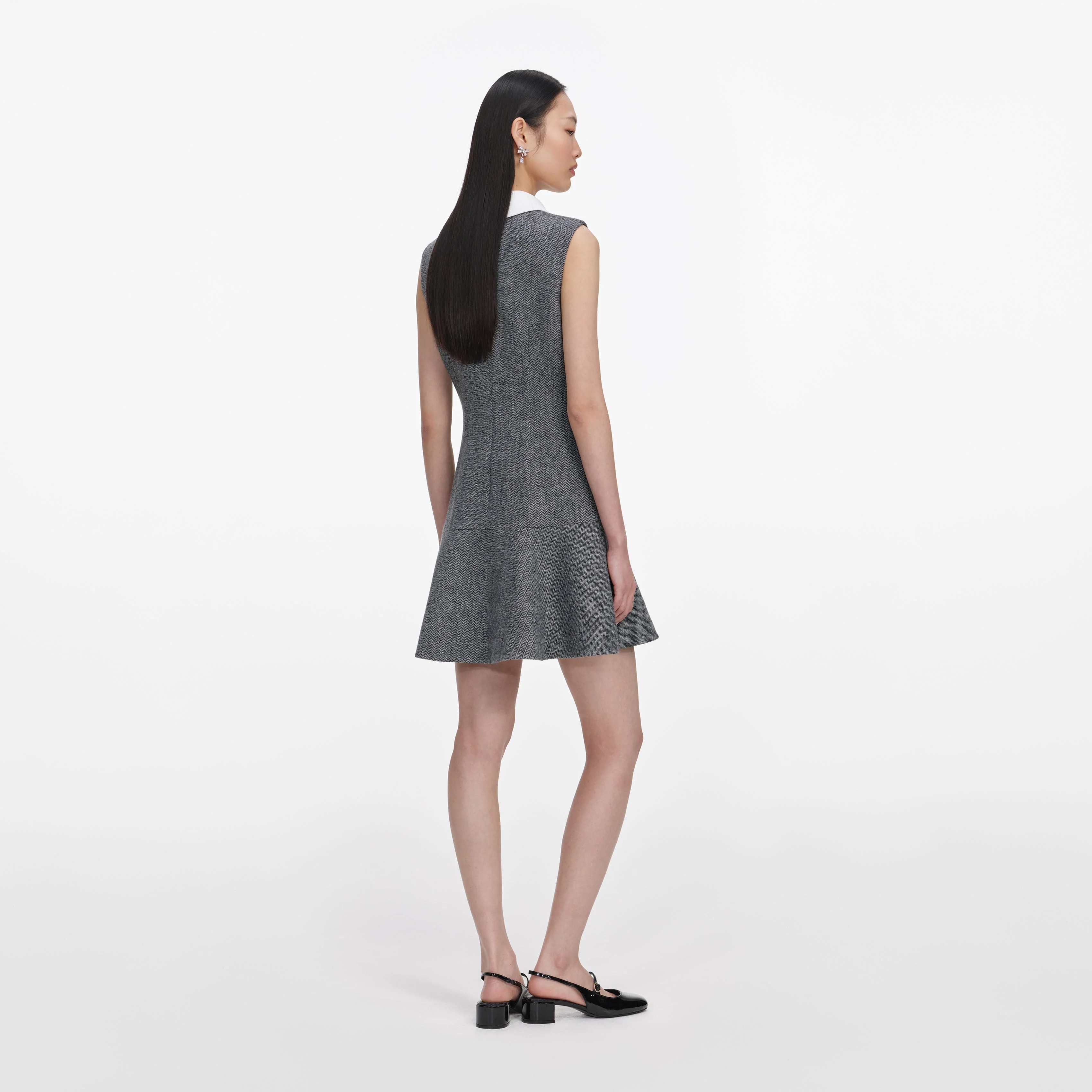 Grey Herringbone Lace Bib Mini Dress - Image 3