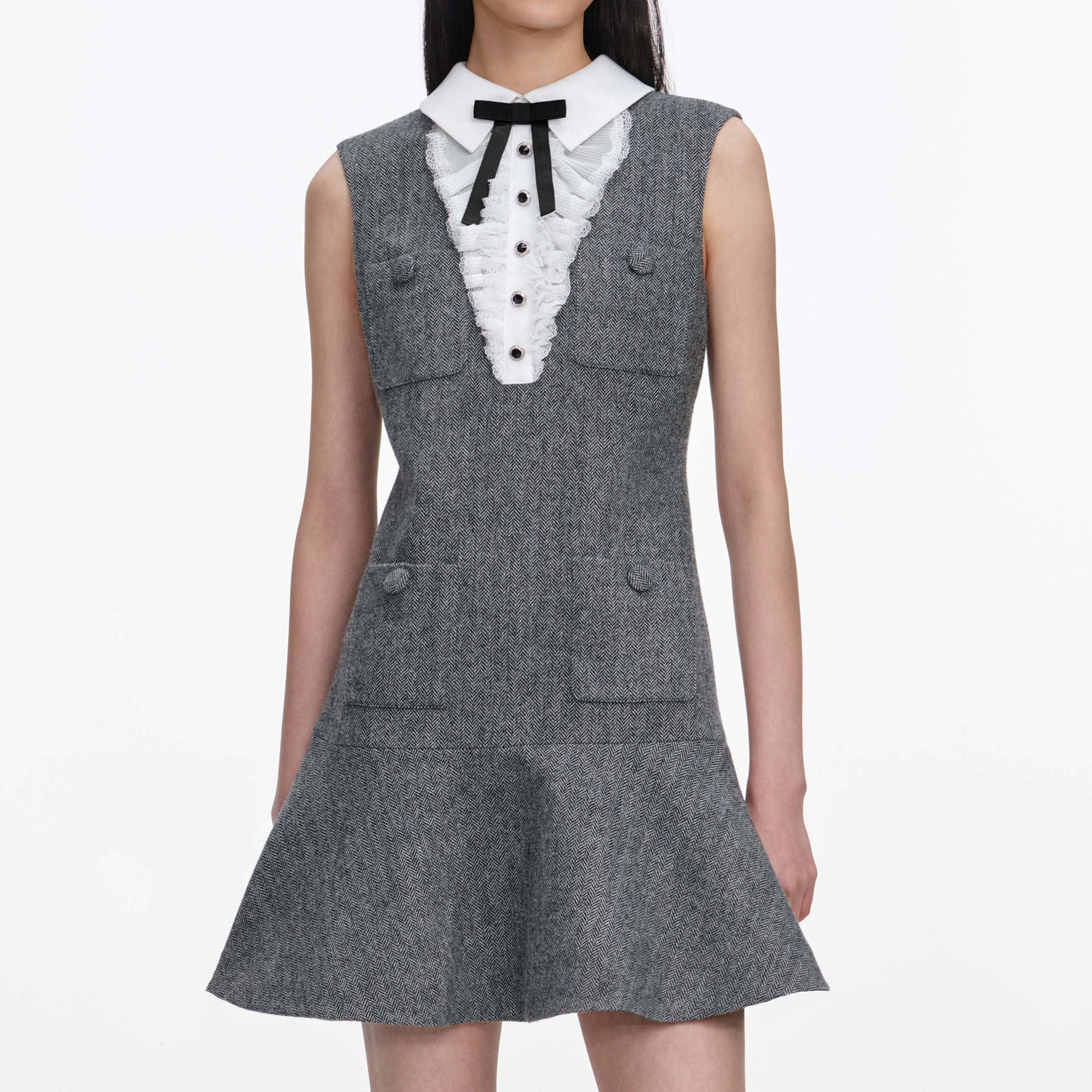 Grey Herringbone Lace Bib Mini Dress - Image 4