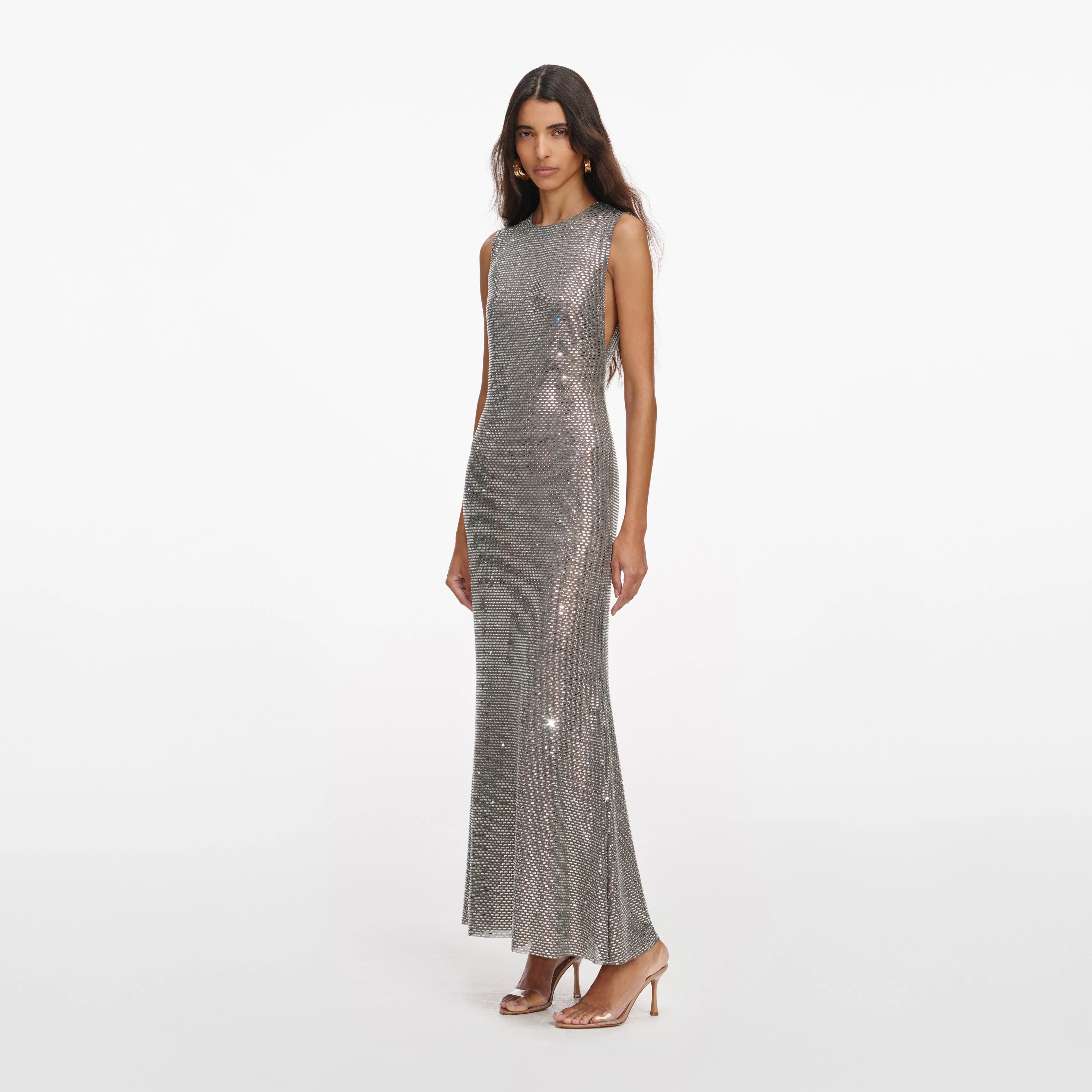 Grey Rhinestone Mesh Midi Dress - Image 2