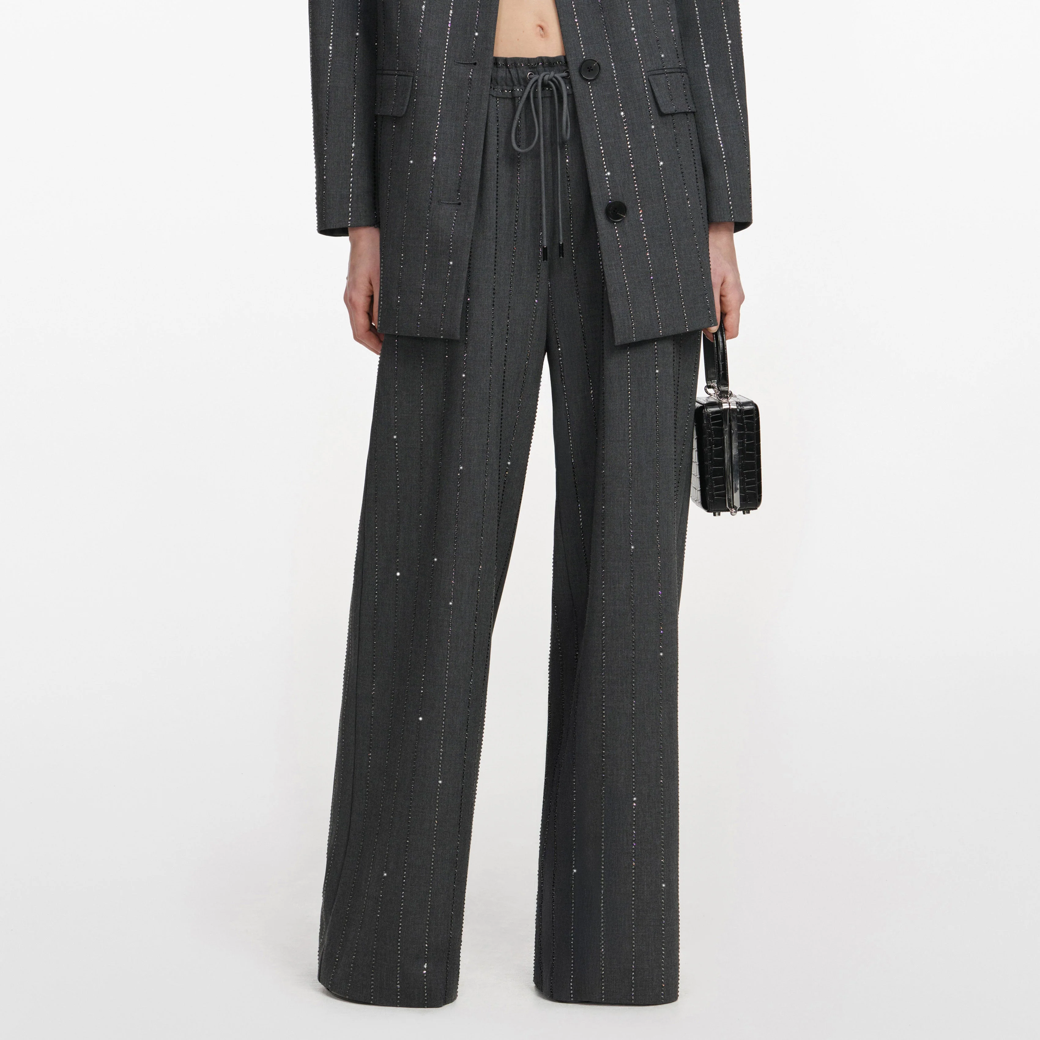 Grey Rhinestone Pinstripe Trousers - Image 4