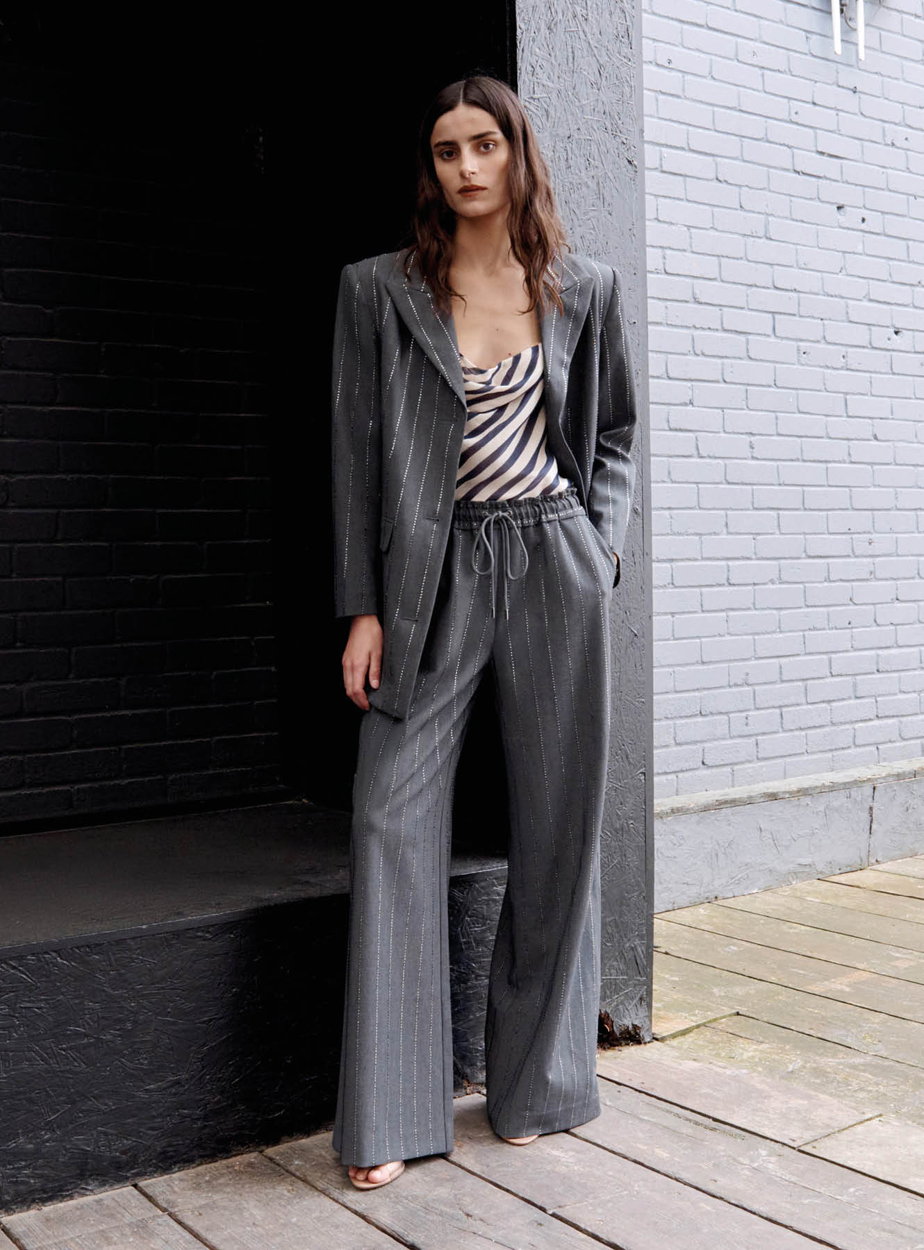 Grey Rhinestone Pinstripe Trousers - Image 6