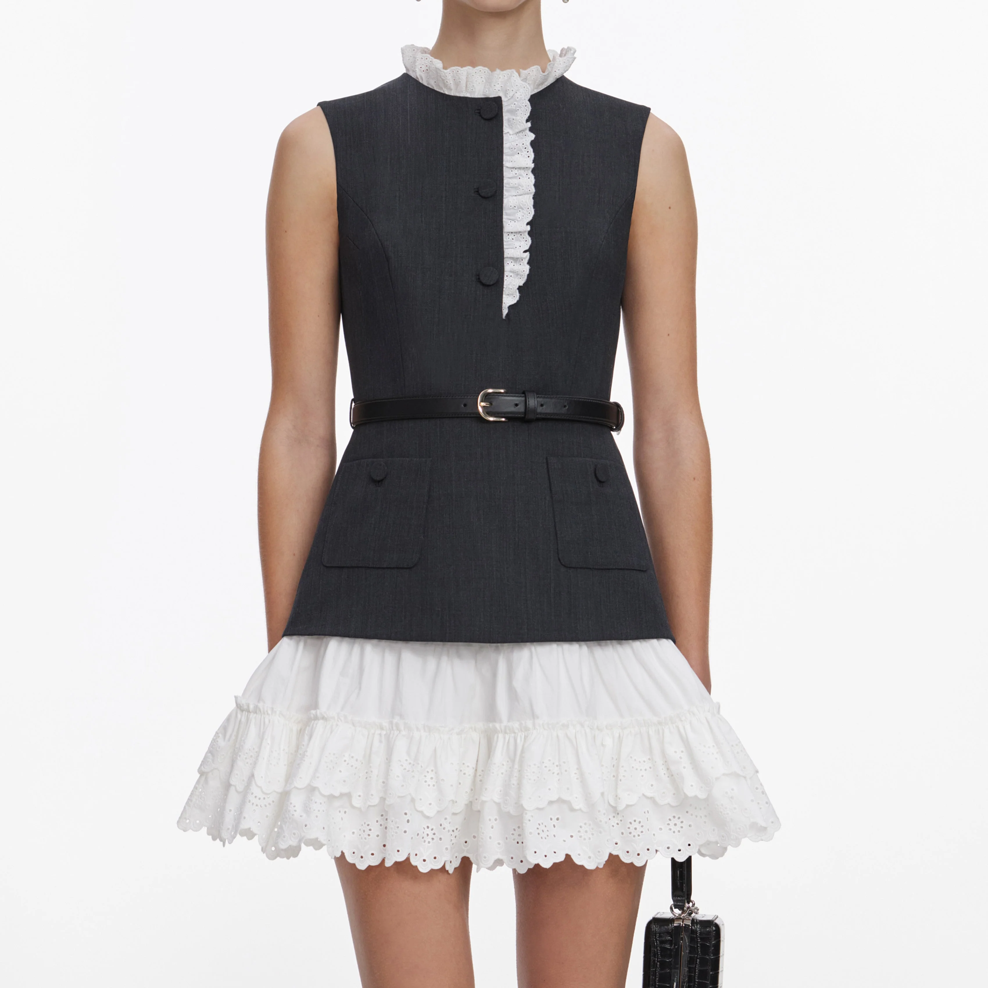 Grey Tailored Cotton Frill Mini Dress - Image 4