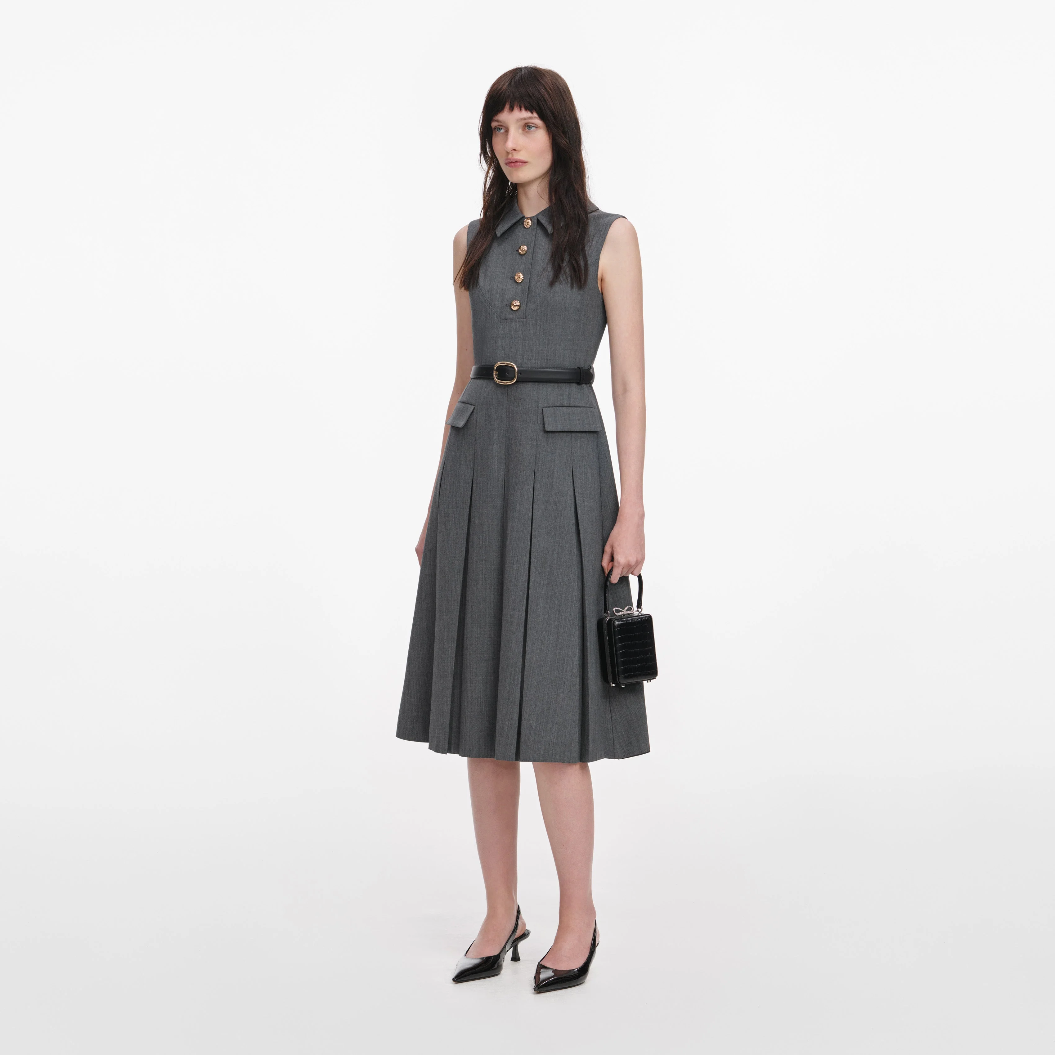 Grey Tailored Pleated Midi Dress - Image 2