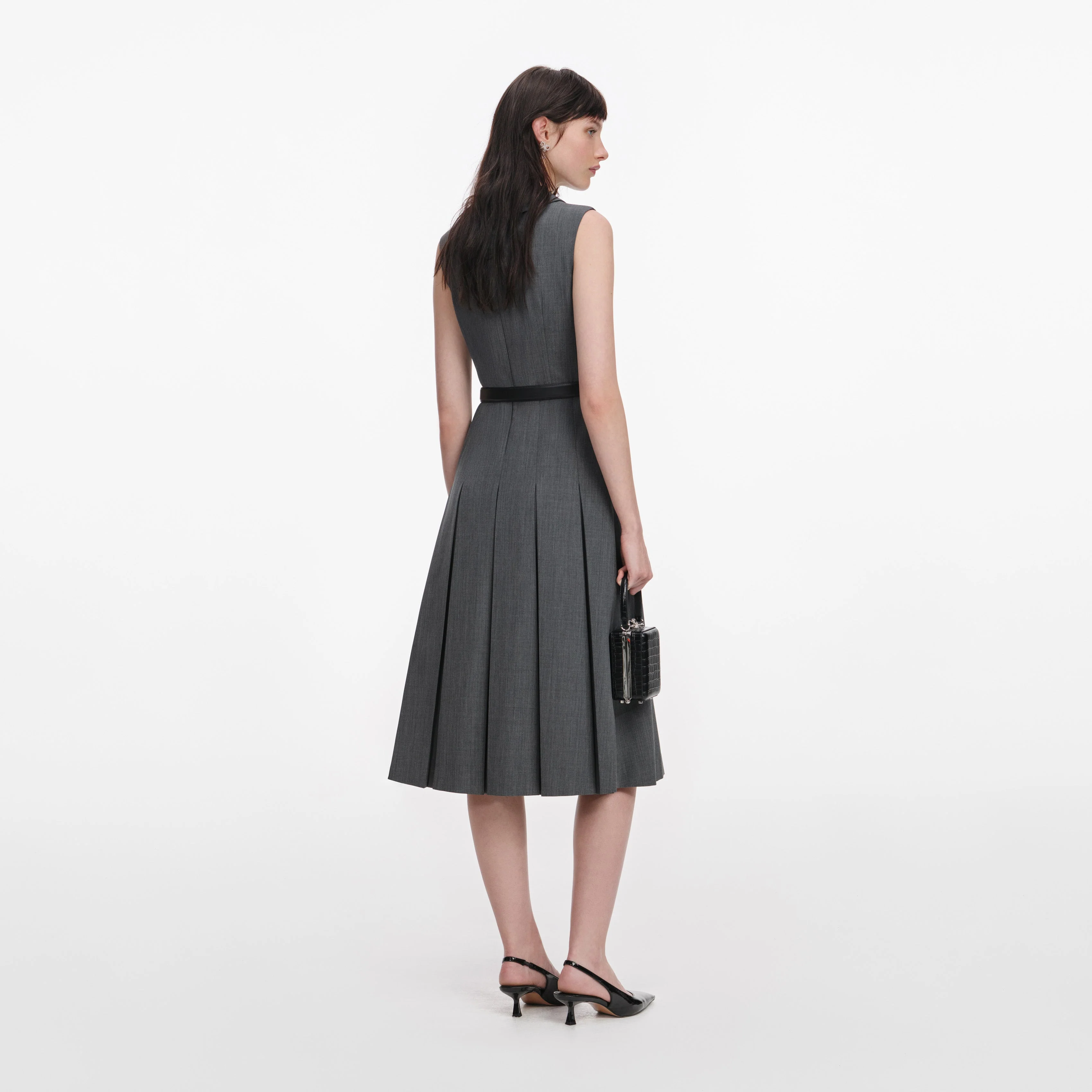 Grey Tailored Pleated Midi Dress - Image 3