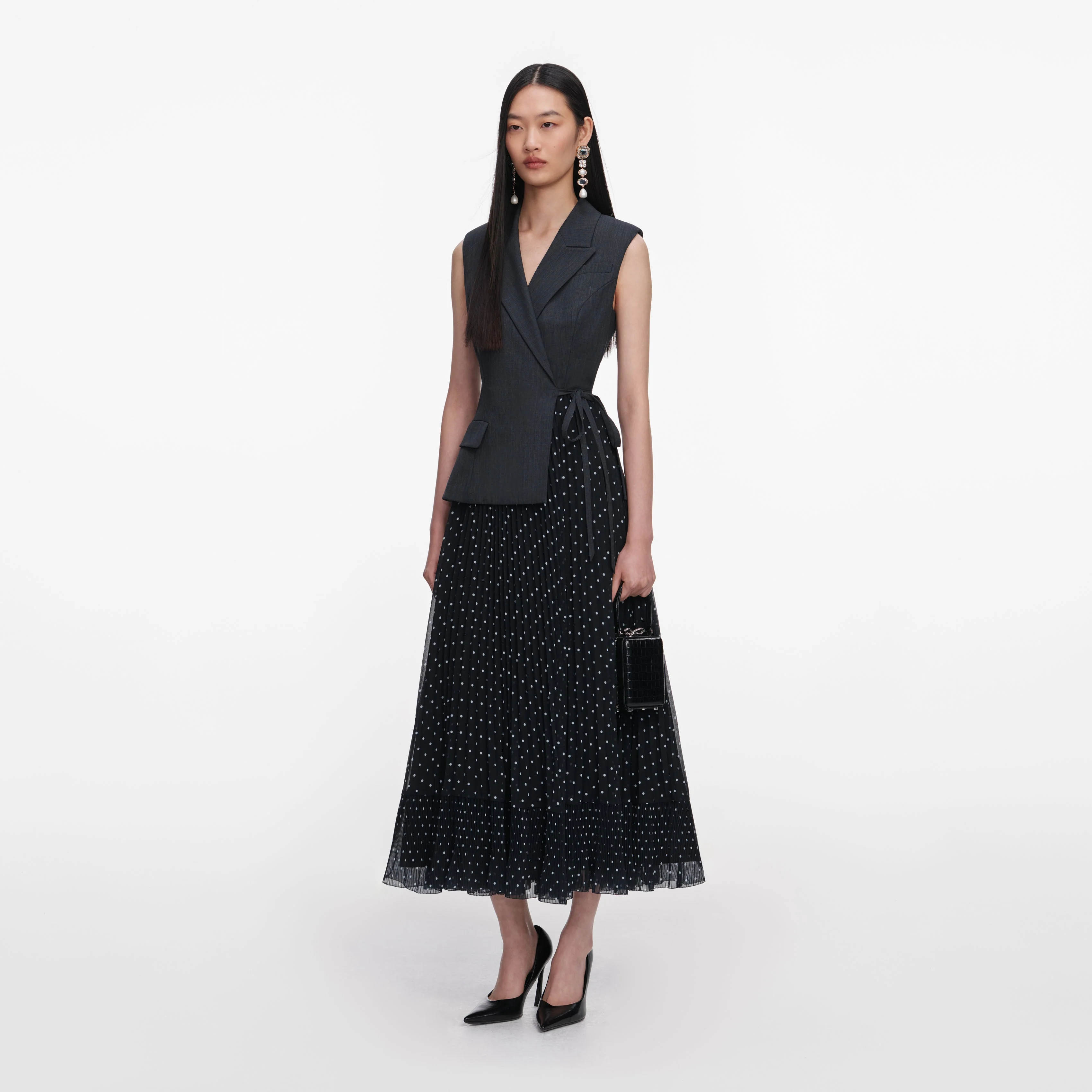 Grey Tailored Polka Dot Midi Dress - Image 2