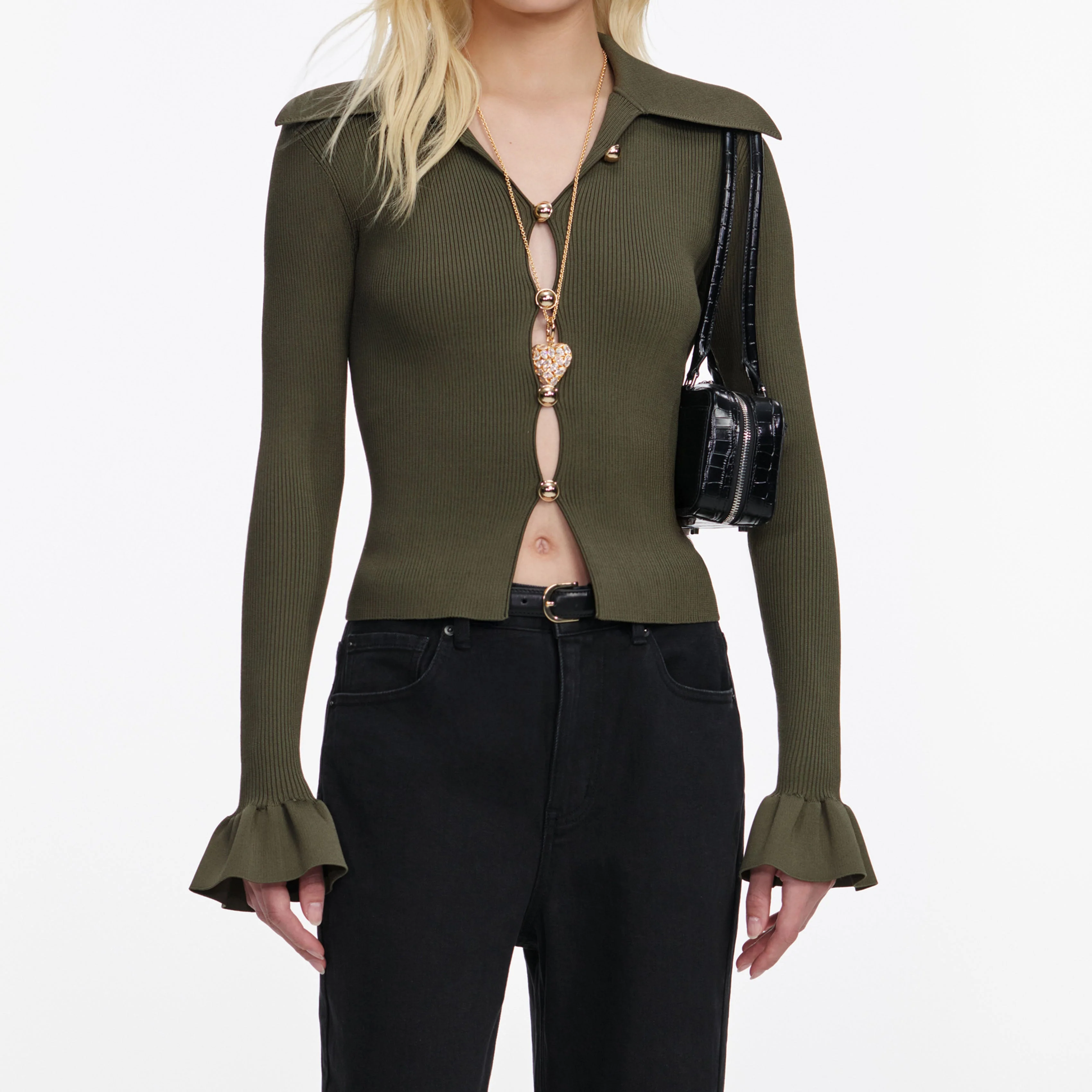 Khaki Button Down Knit Top - Image 4
