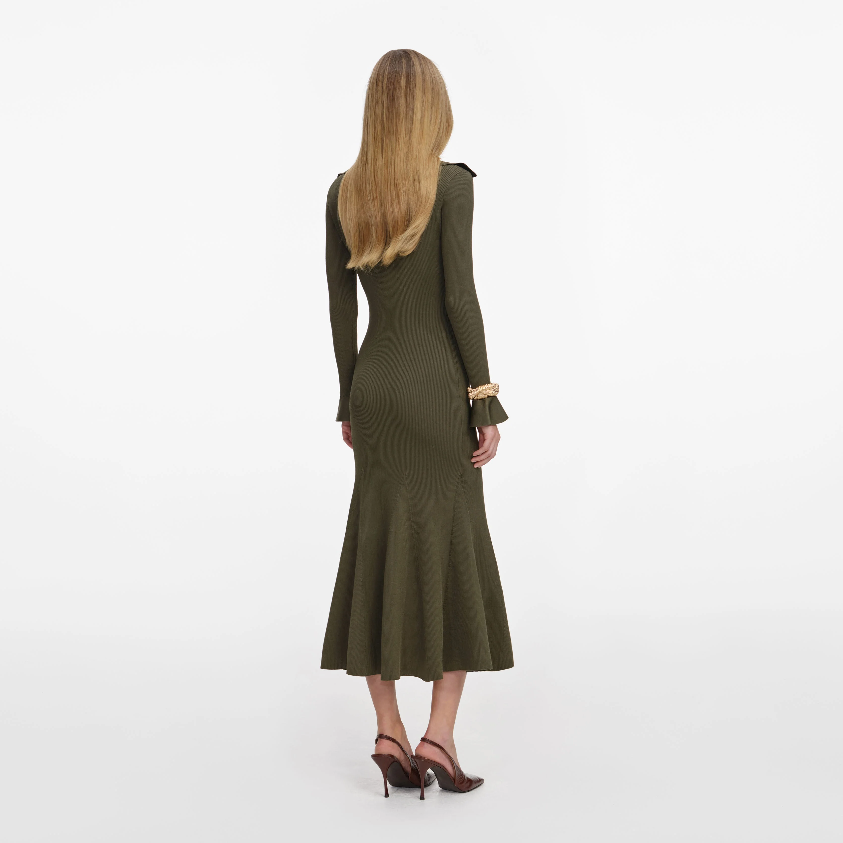 Khaki Pointelle Knit Midi Dress - Image 3