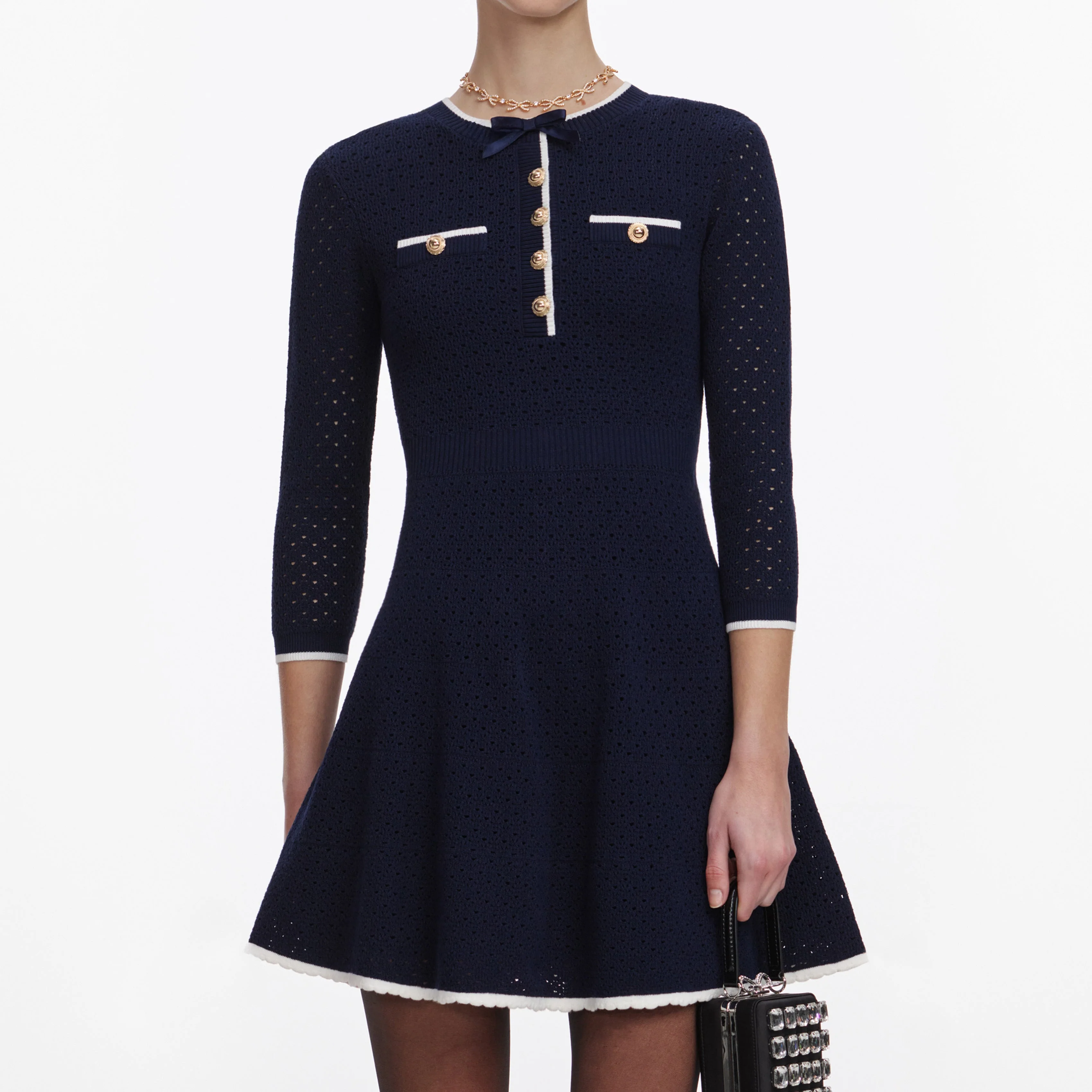 Navy Bow Knit Mini Dress - Image 4