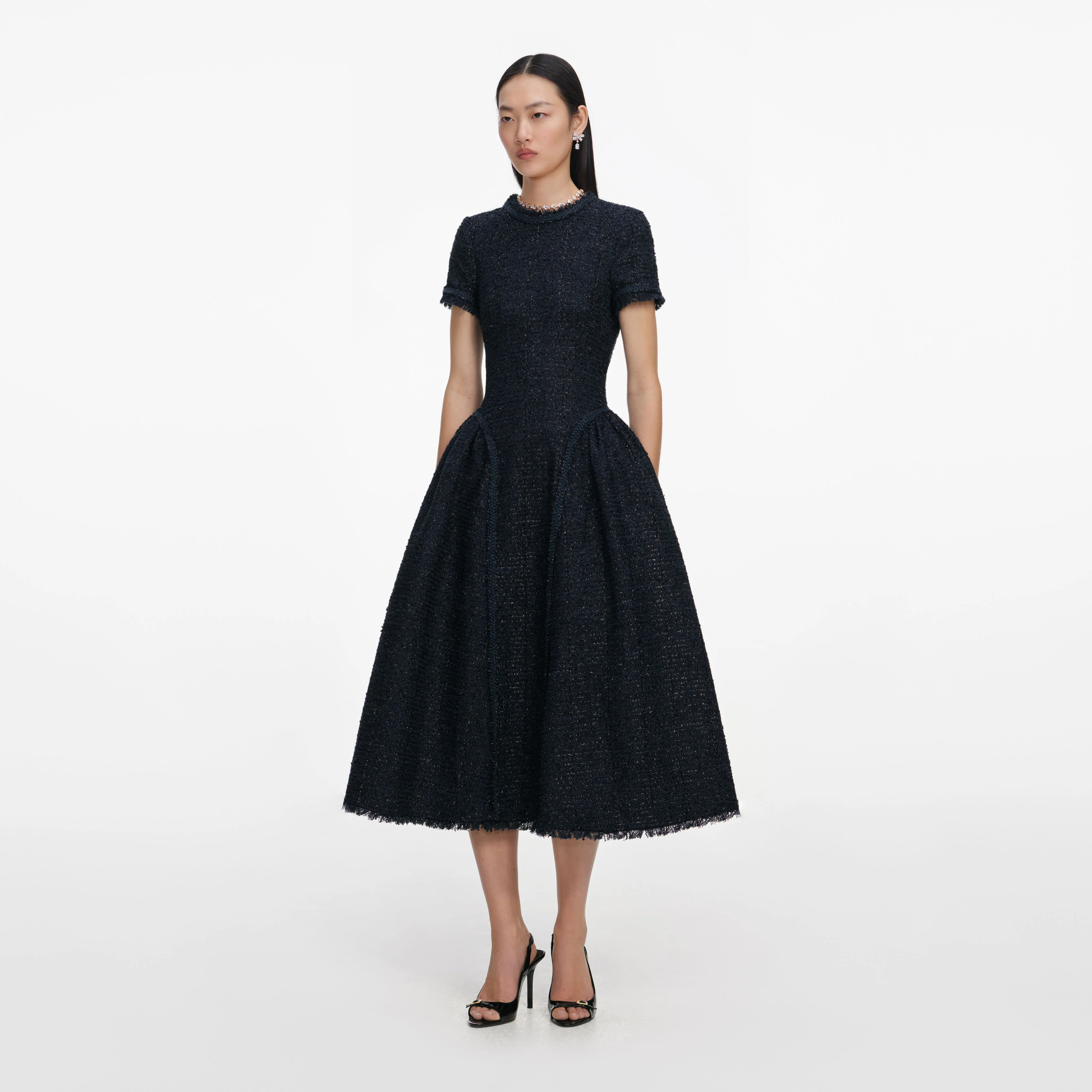Navy Metallic Boucle Midi Dress - Image 2