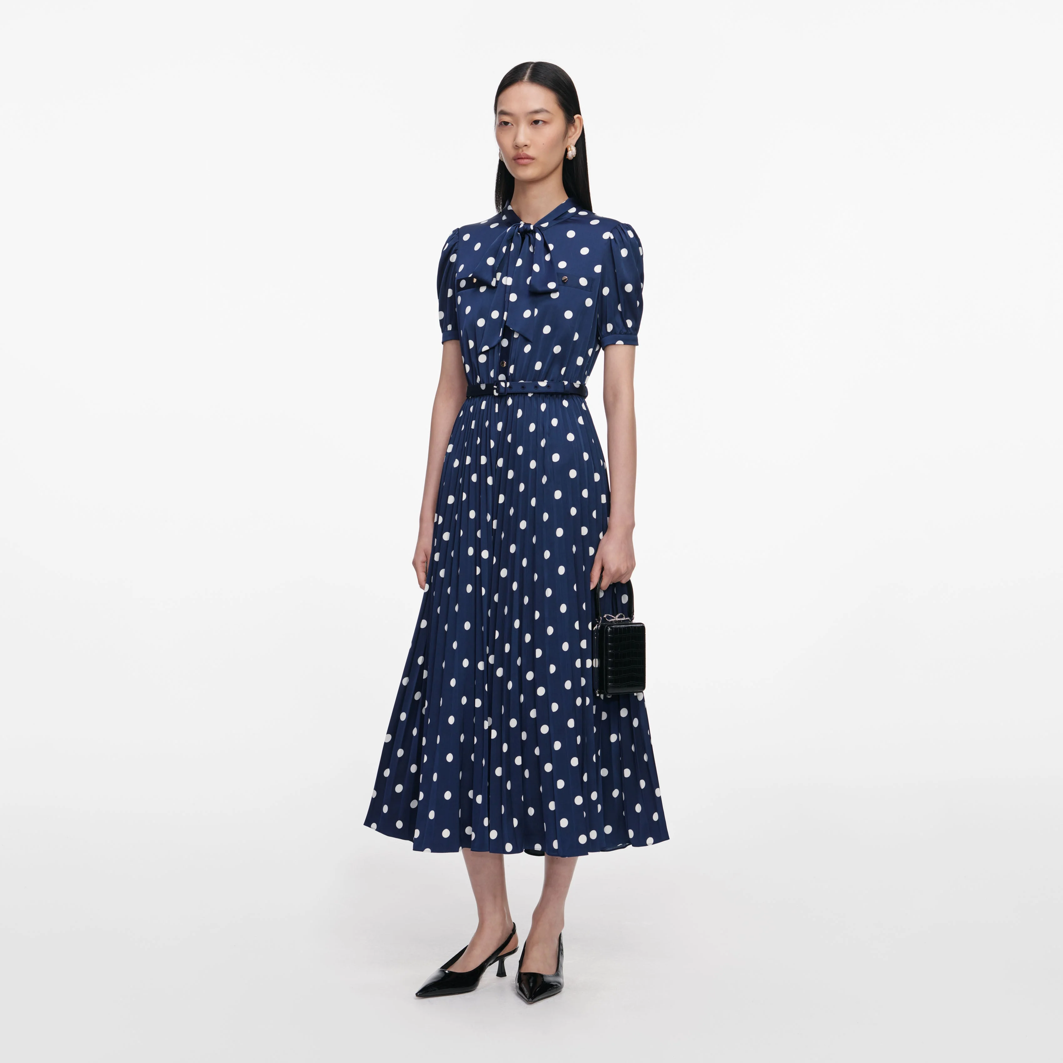 Navy Polka Dot Satin Midi Dress - Image 2