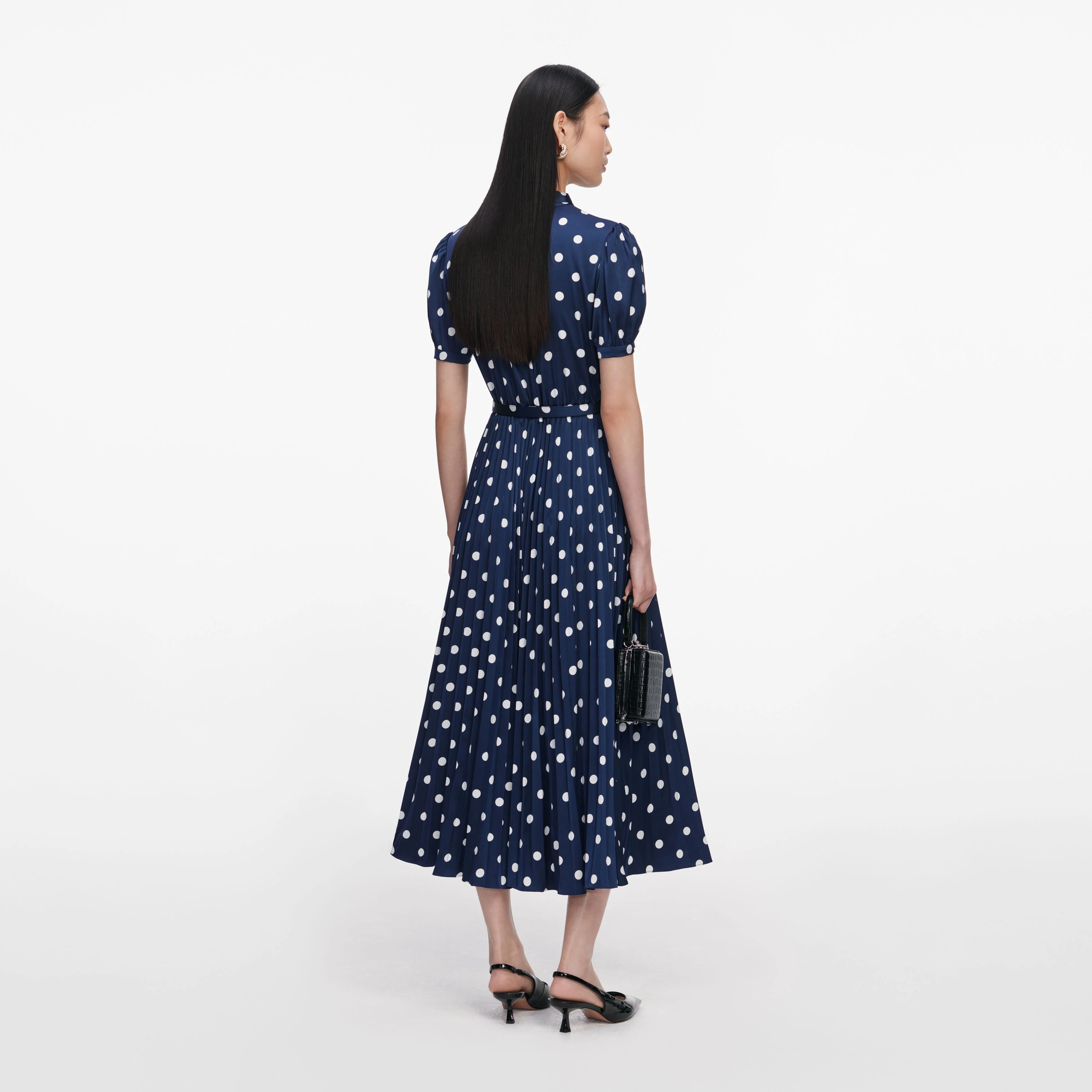 Navy Polka Dot Satin Midi Dress - Image 3