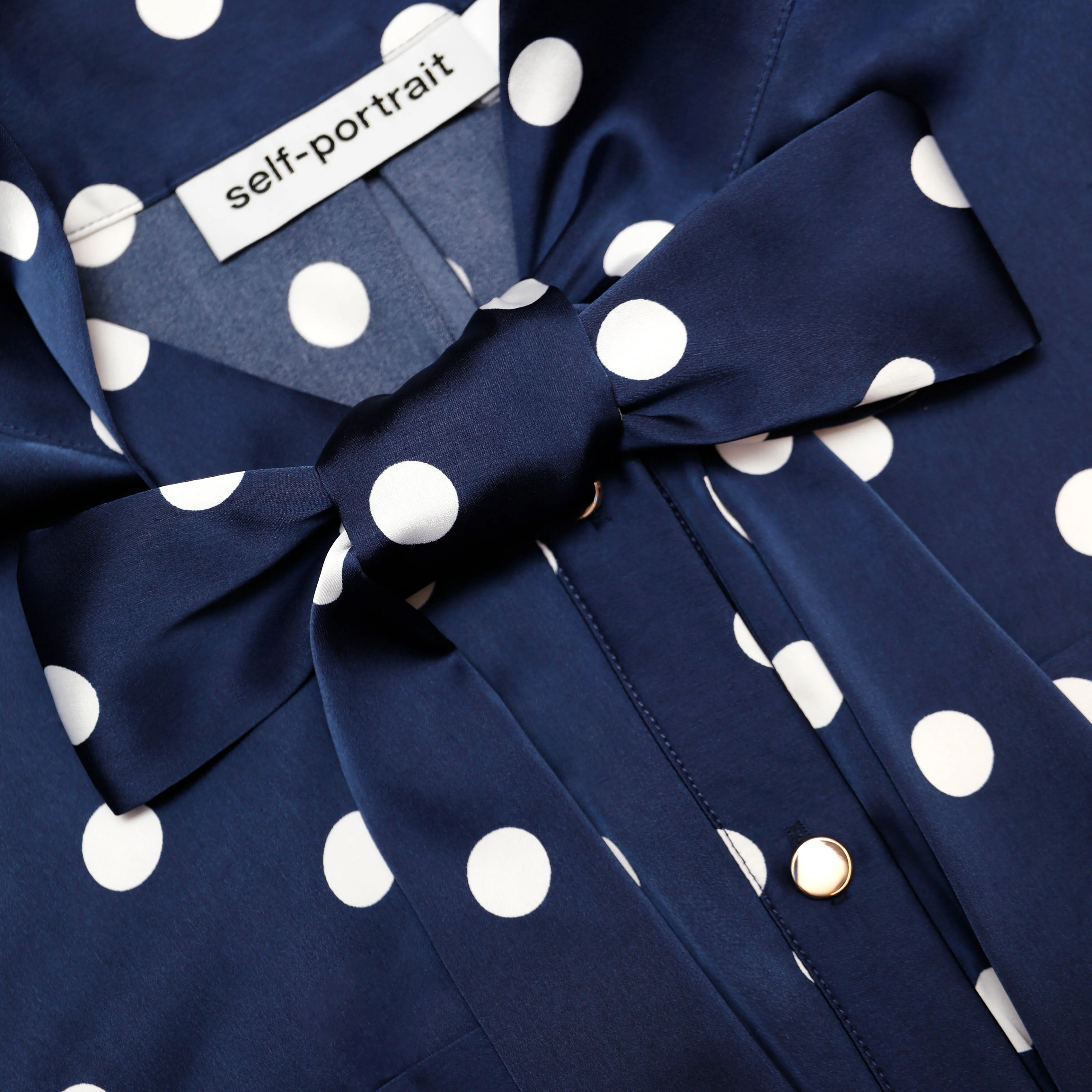 Navy Polka Dot Satin Midi Dress - Image 5