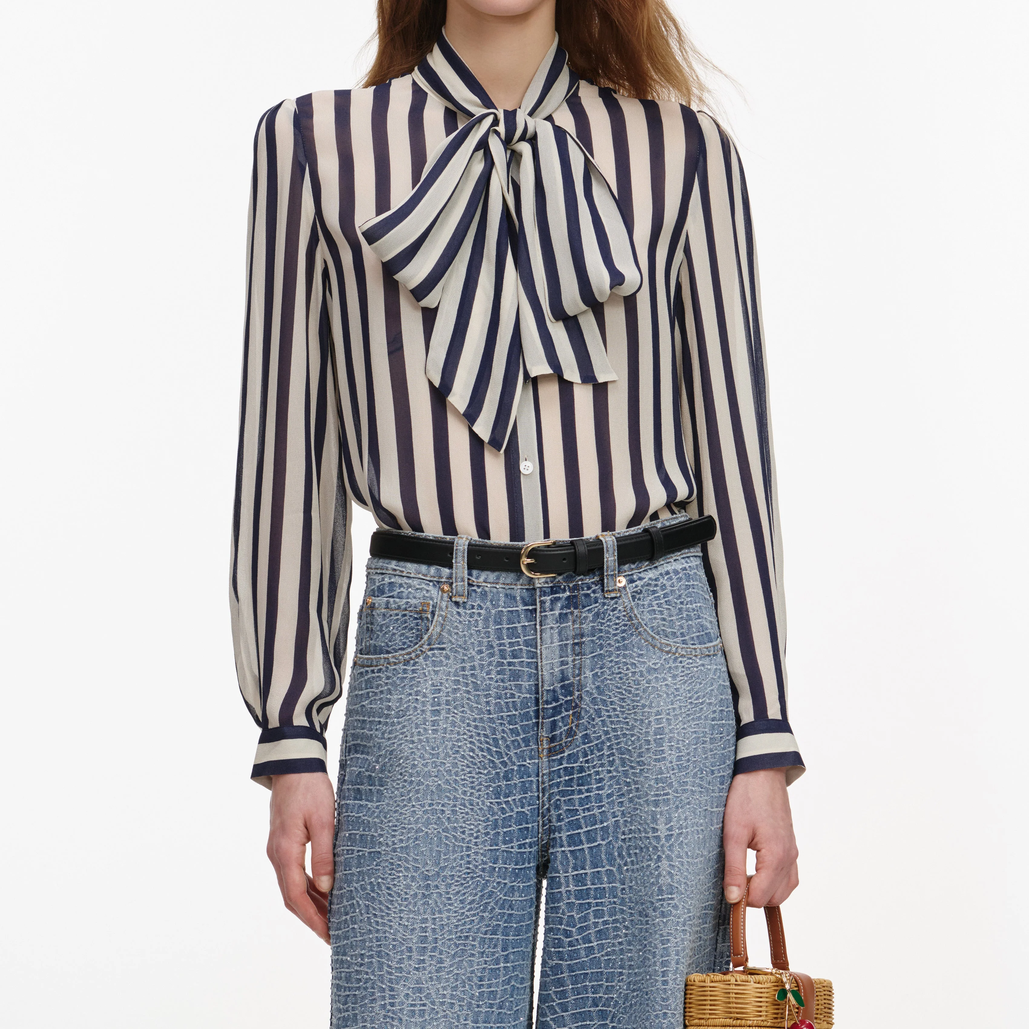 Navy Stripe Tie Neck Blouse - Image 4