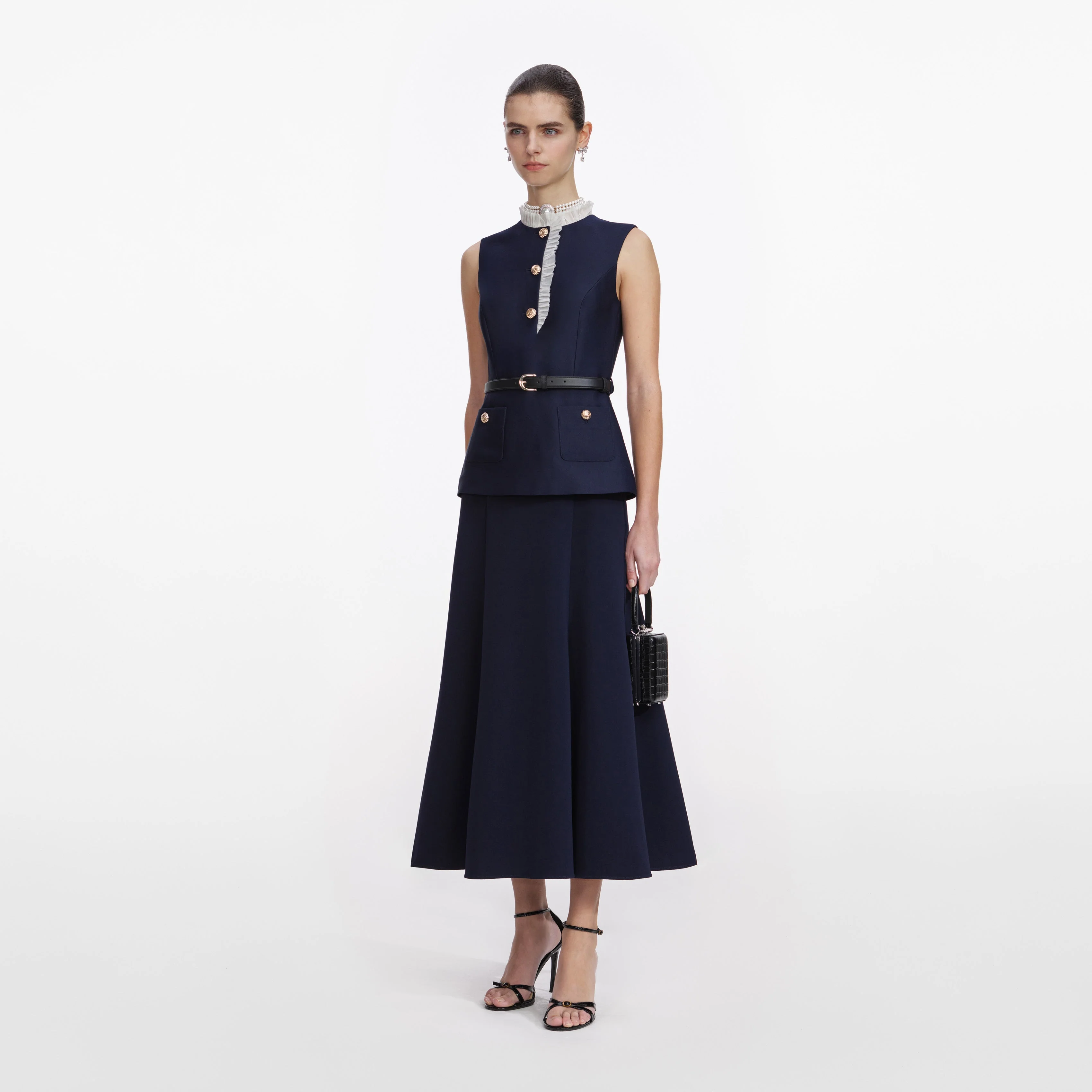 Navy Taffeta Contrast Frill Midi Dress - Image 2