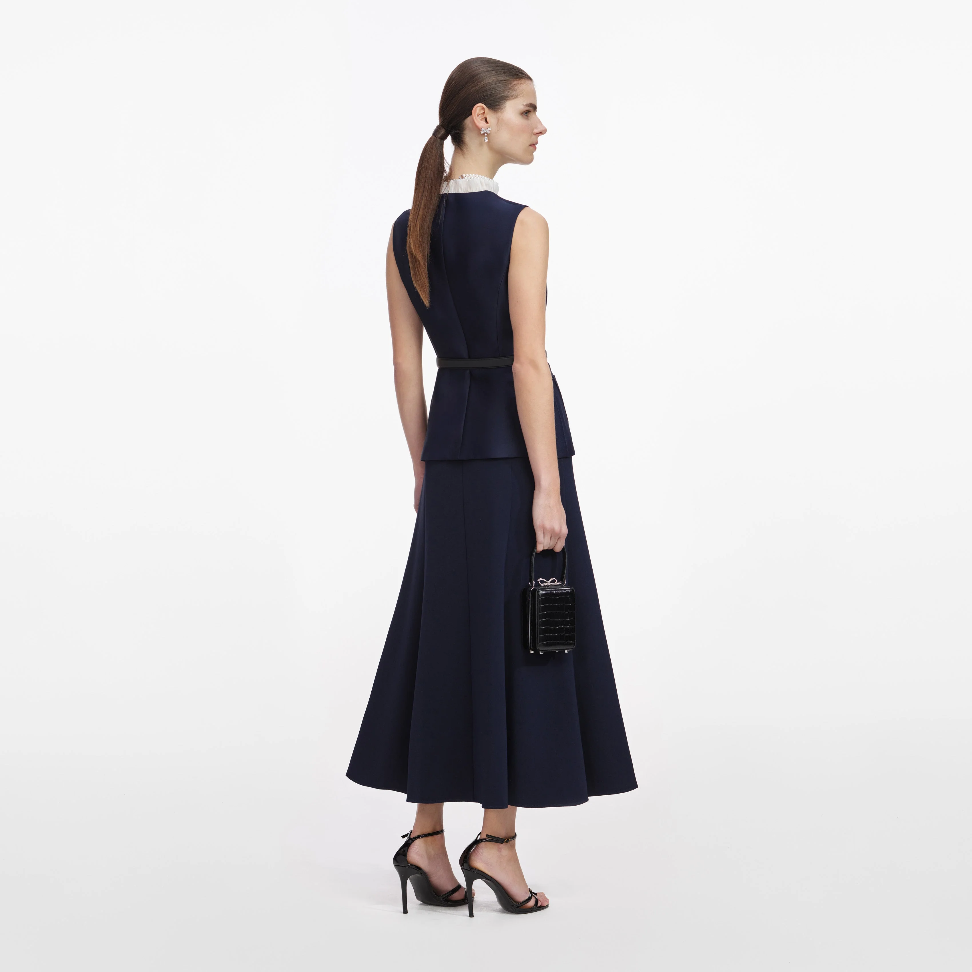 Navy Taffeta Contrast Frill Midi Dress - Image 3