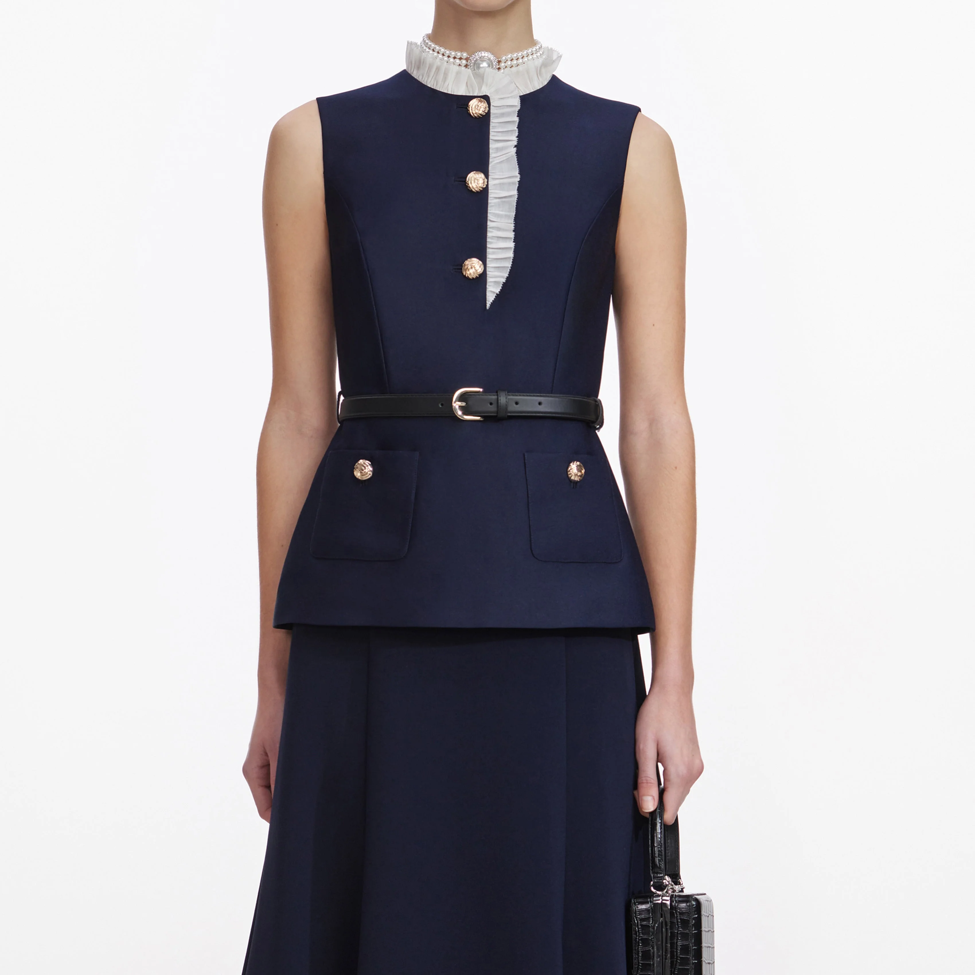 Navy Taffeta Contrast Frill Midi Dress - Image 4