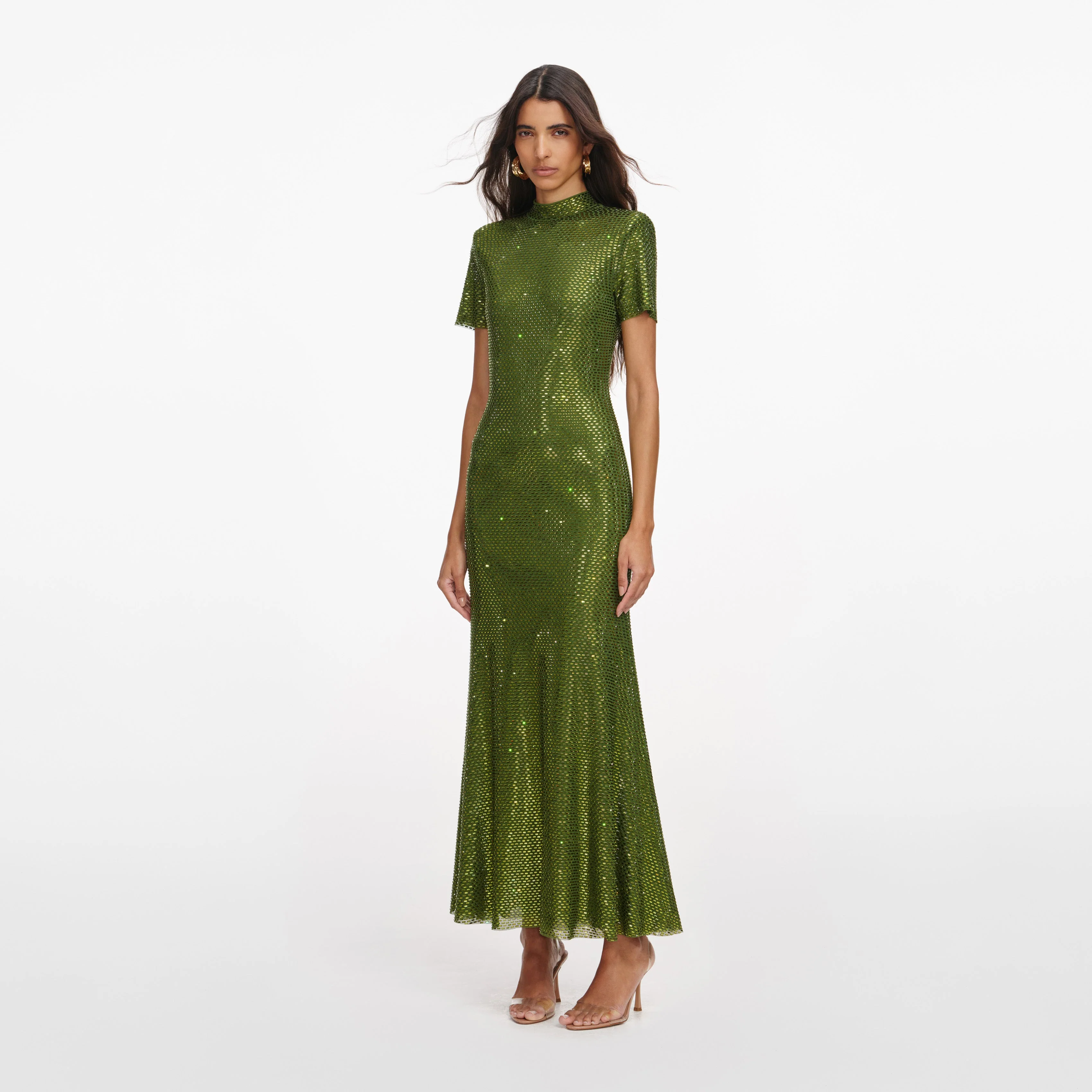 Olive Rhinestone Mesh Midi Dress - Image 2