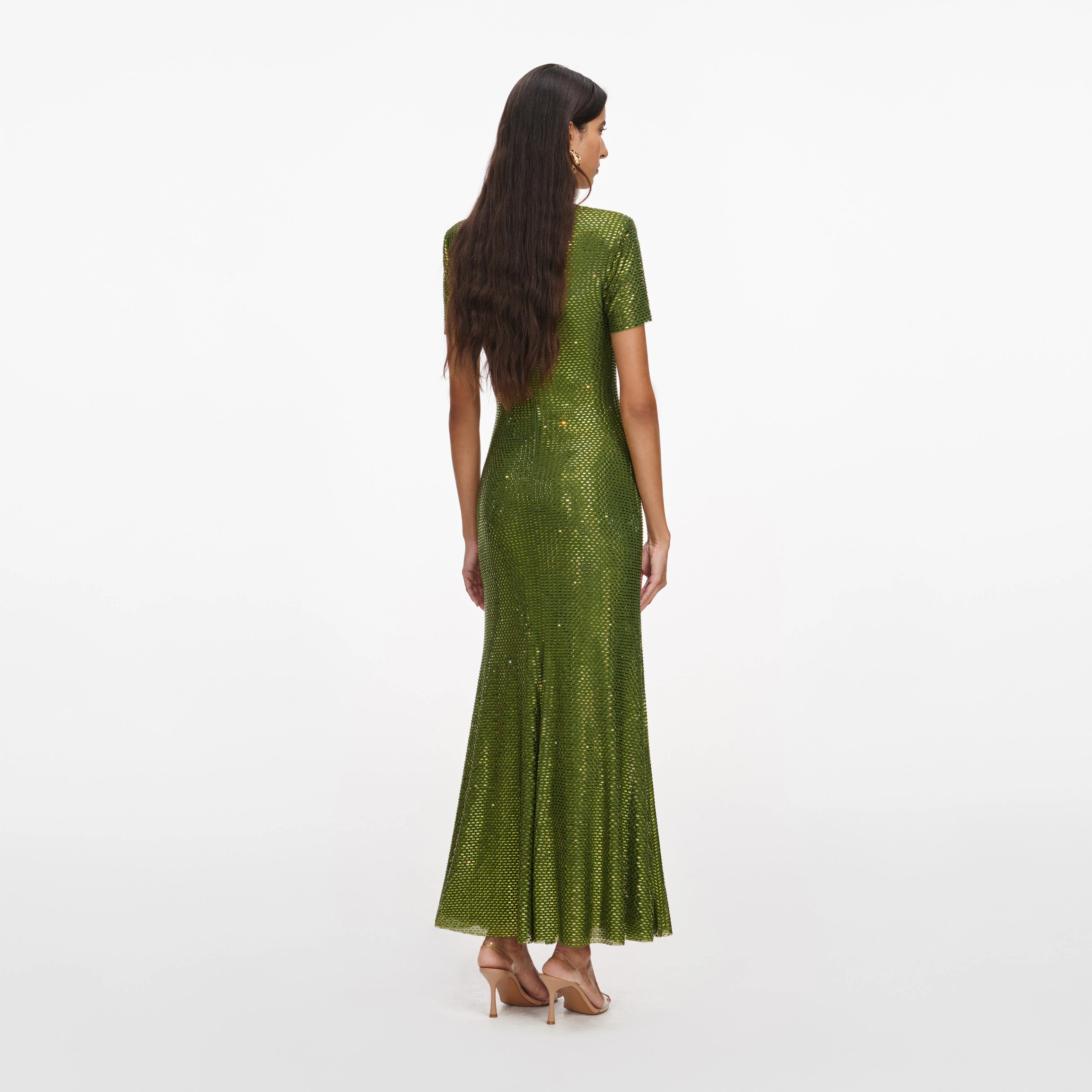 Olive Rhinestone Mesh Midi Dress - Image 3