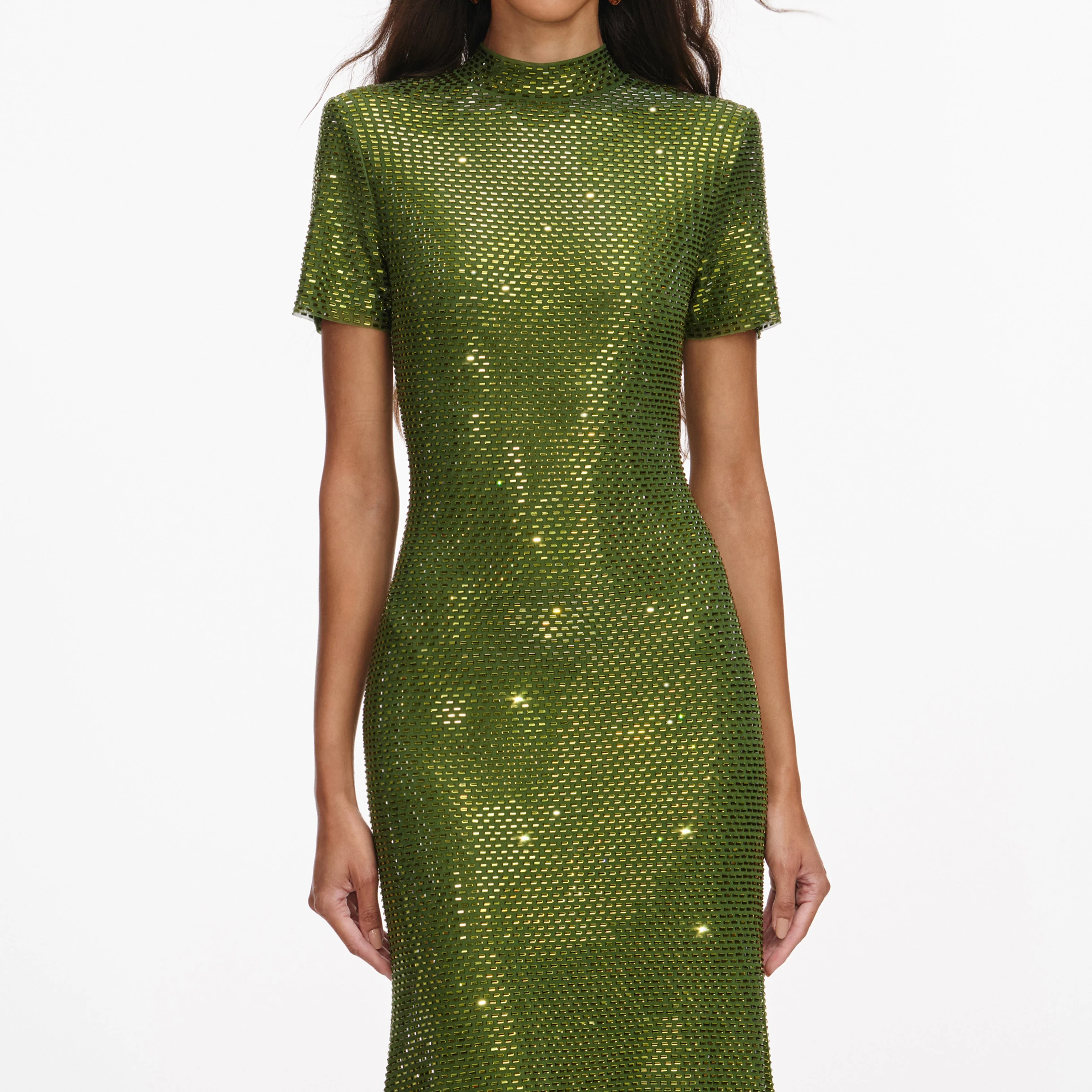 Olive Rhinestone Mesh Midi Dress - Image 4