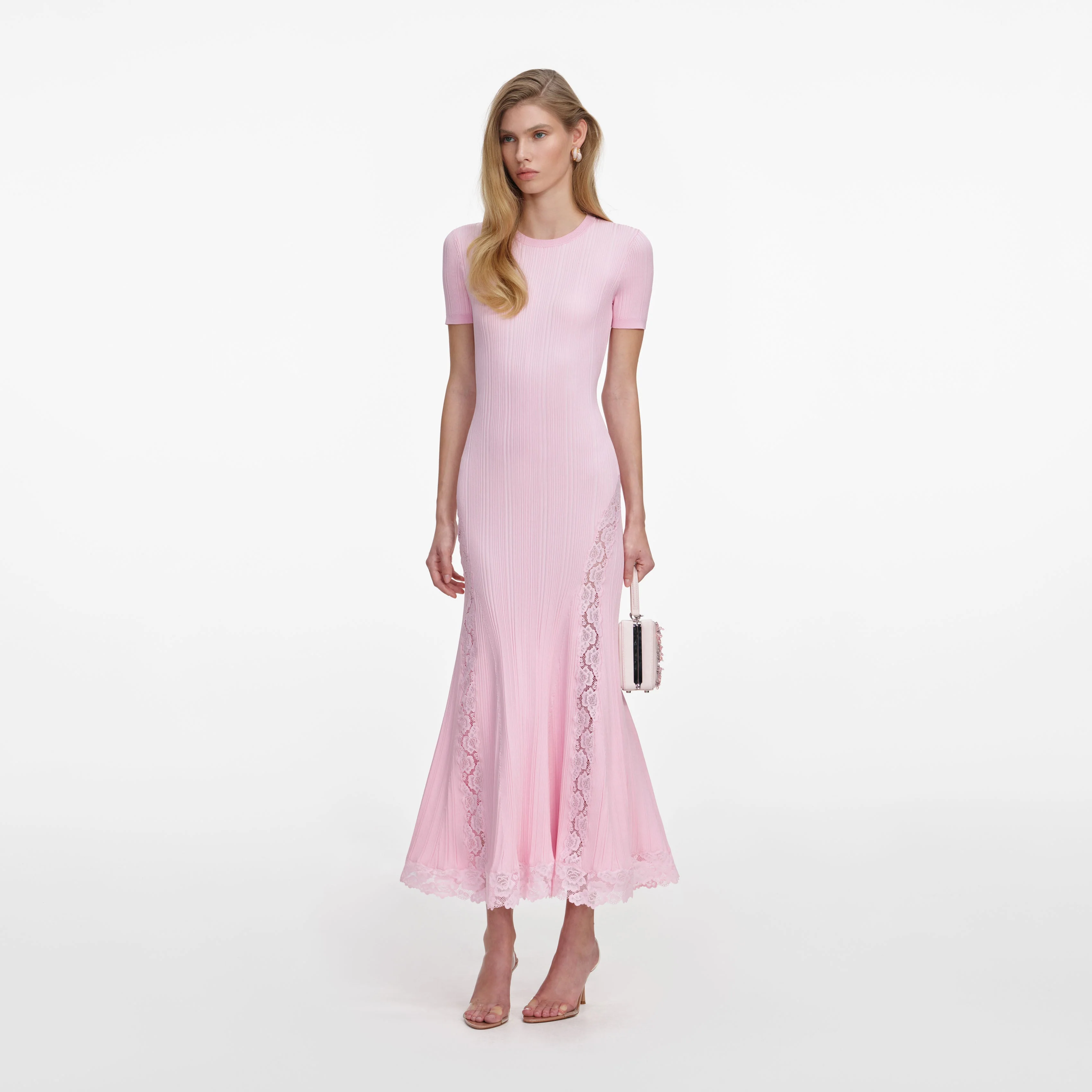 Pink Knit Lace Insert Midi Dress - Image 2