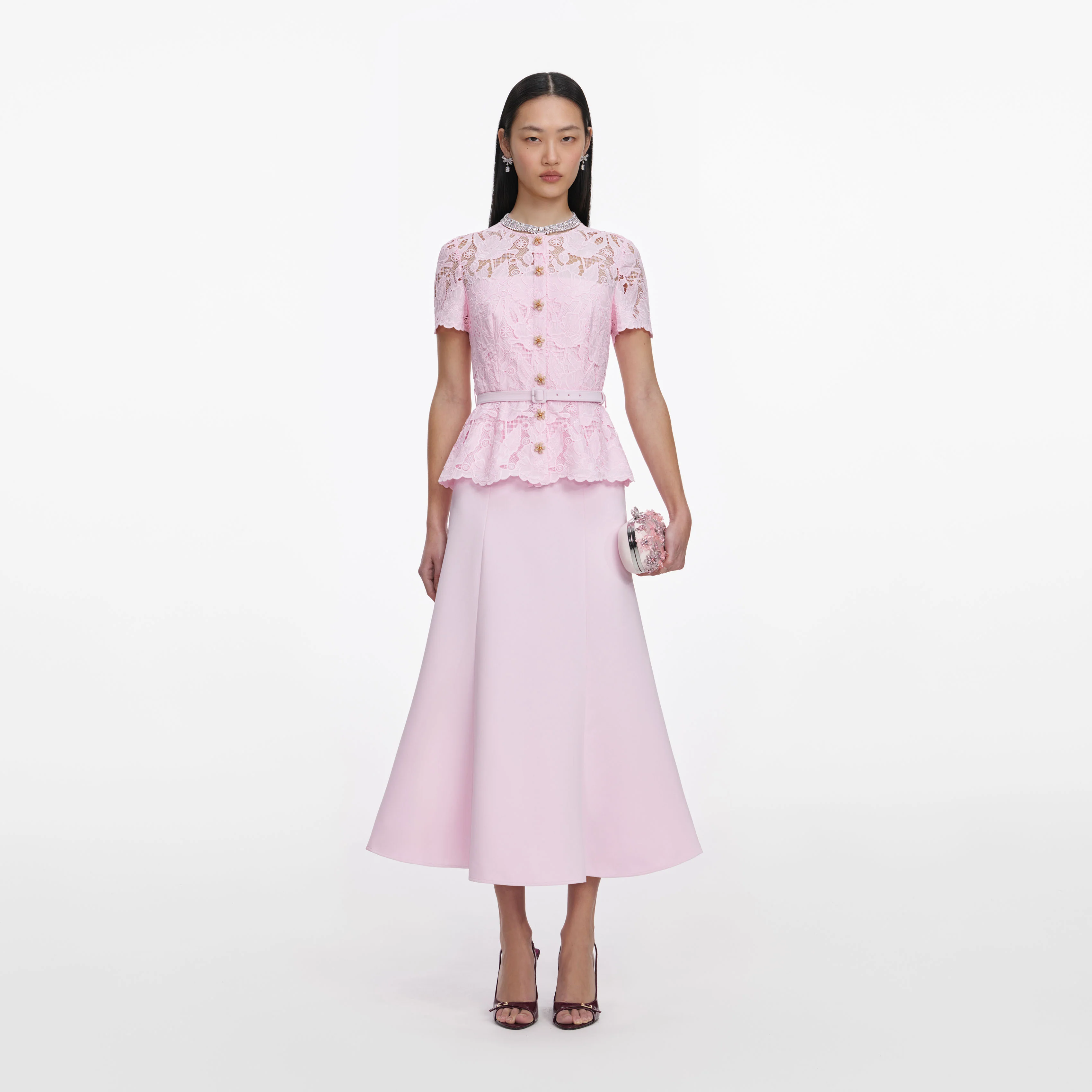 Pink Lace Crepe Midi Dress
