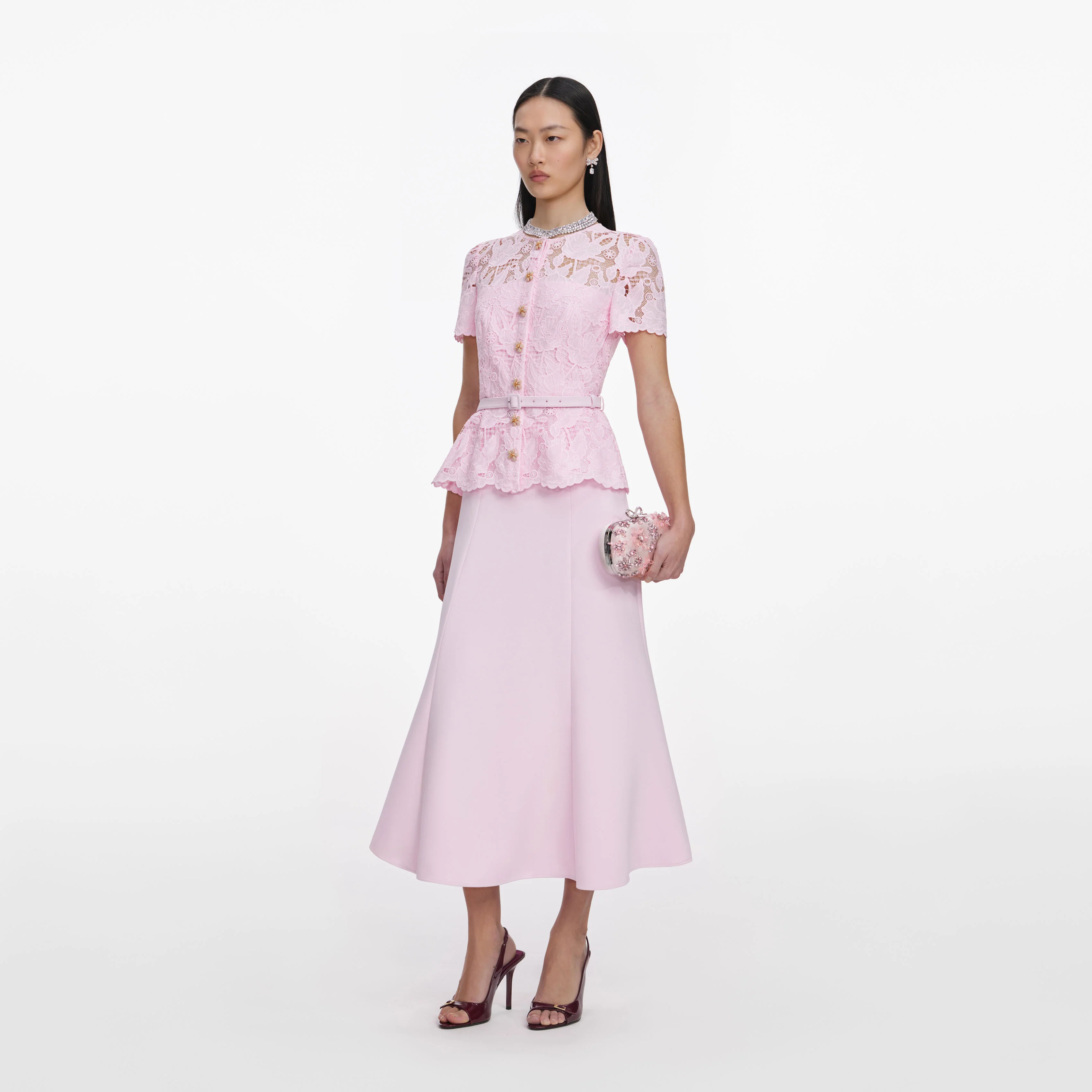 Pink Lace Crepe Midi Dress - Image 2