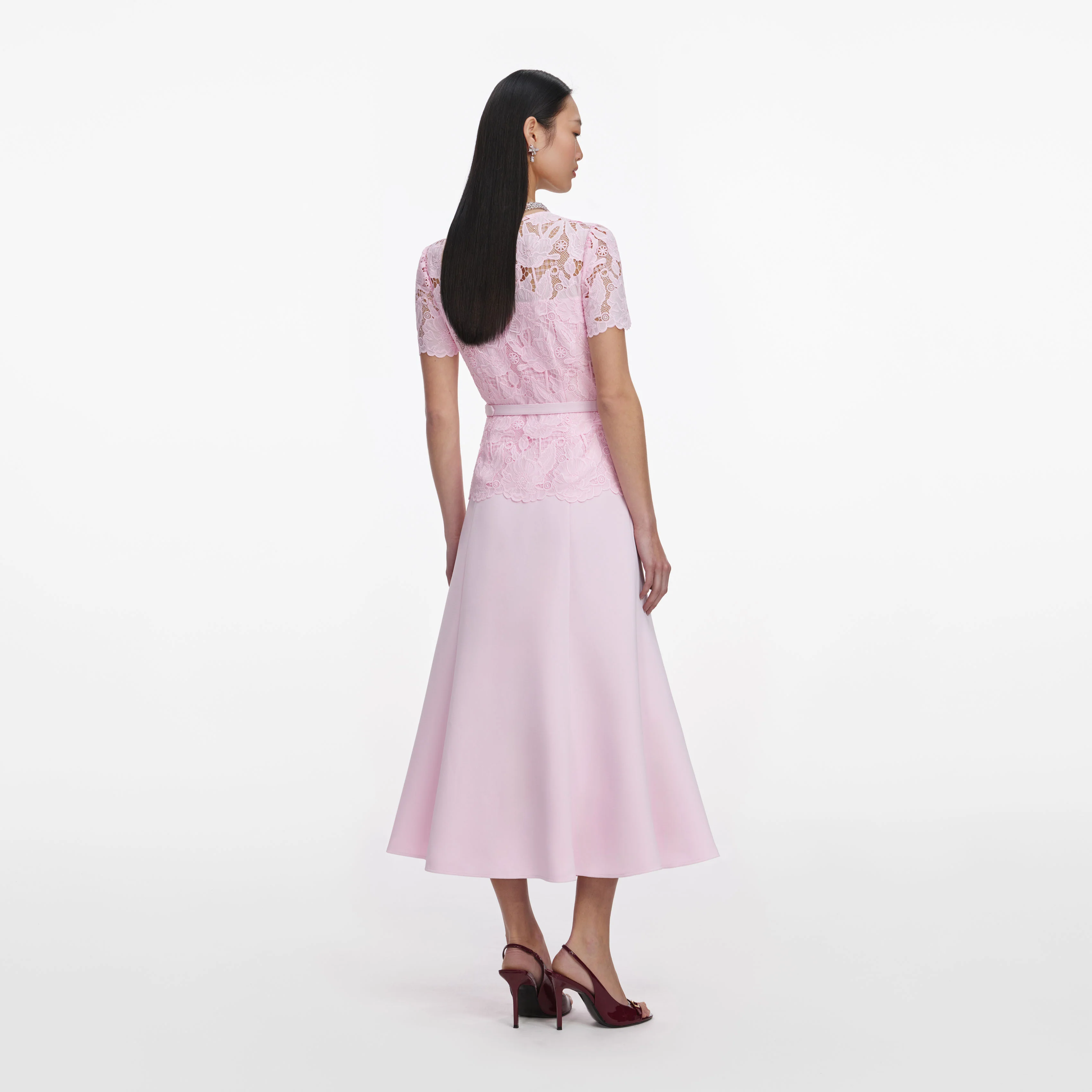 Pink Lace Crepe Midi Dress - Image 3
