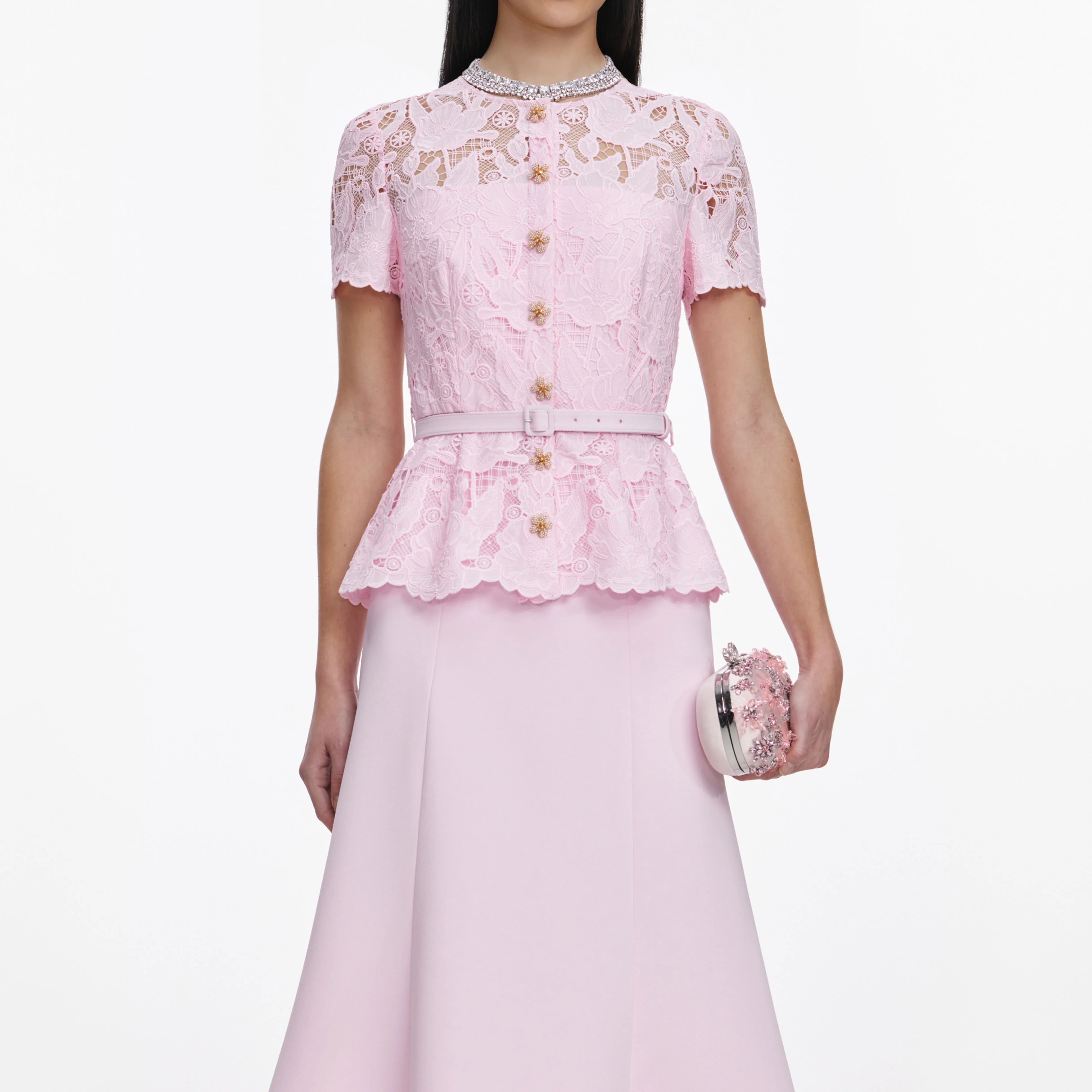 Pink Lace Crepe Midi Dress - Image 4