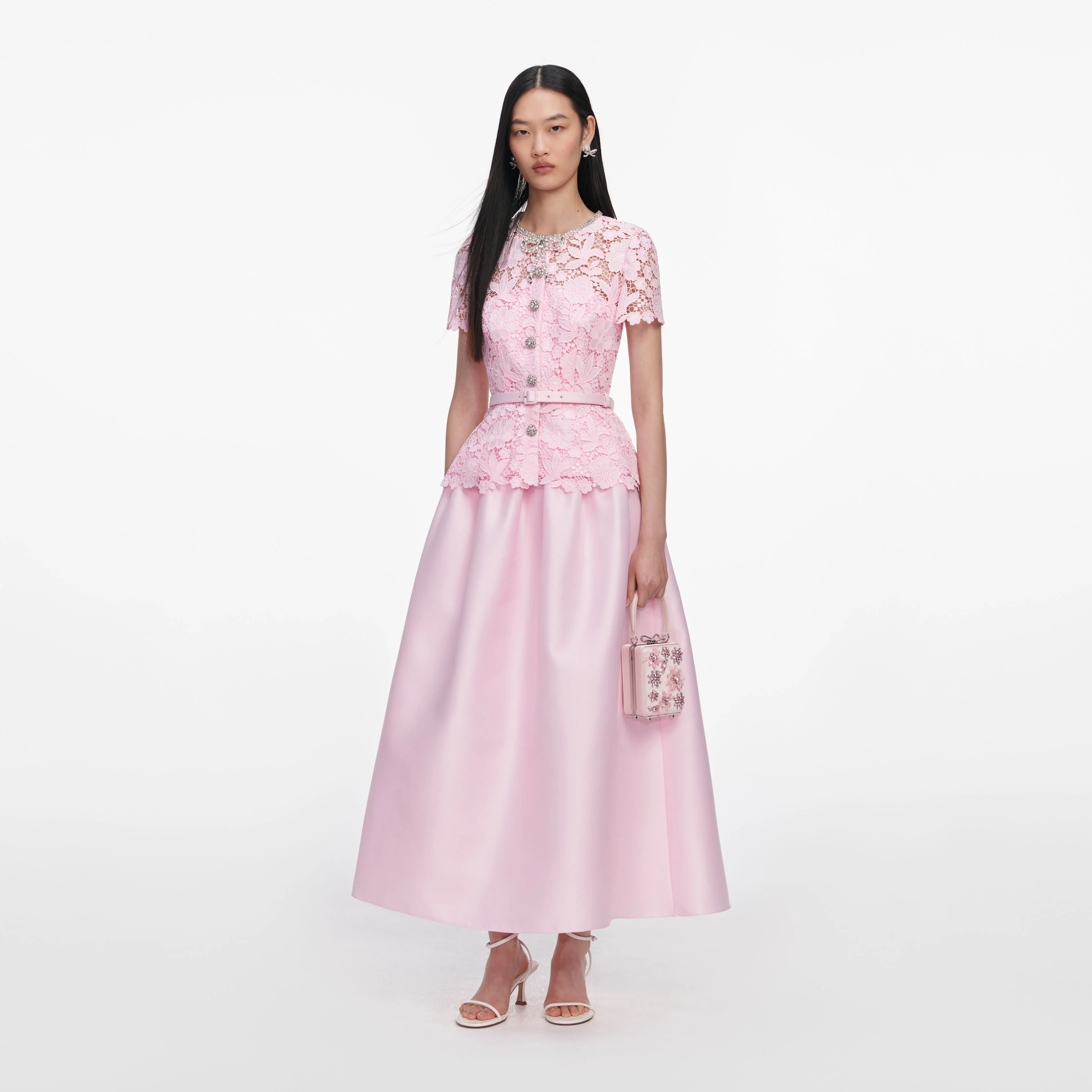 Pink Lace Taffeta Midi Dress - Image 2