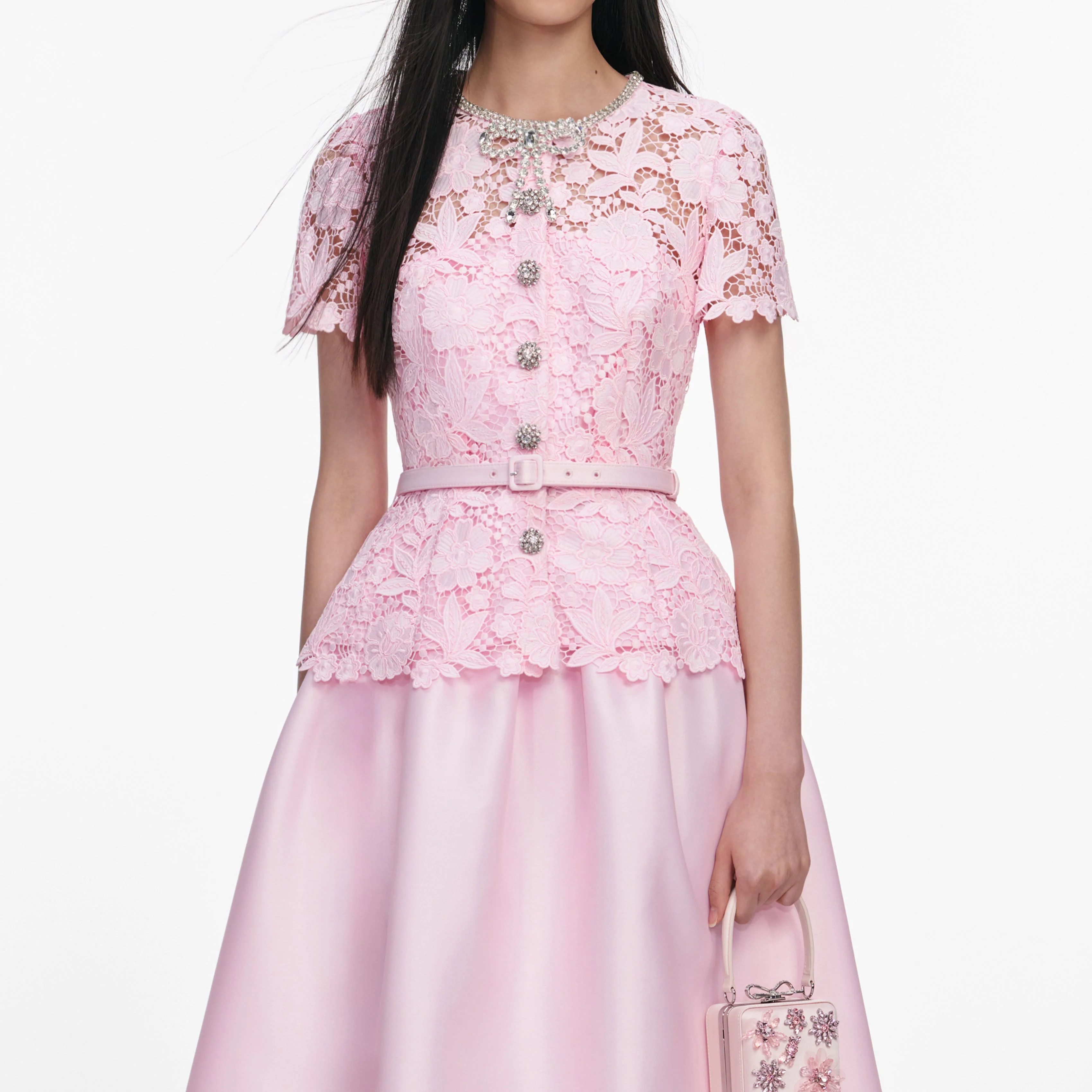 Pink Lace Taffeta Midi Dress - Image 4