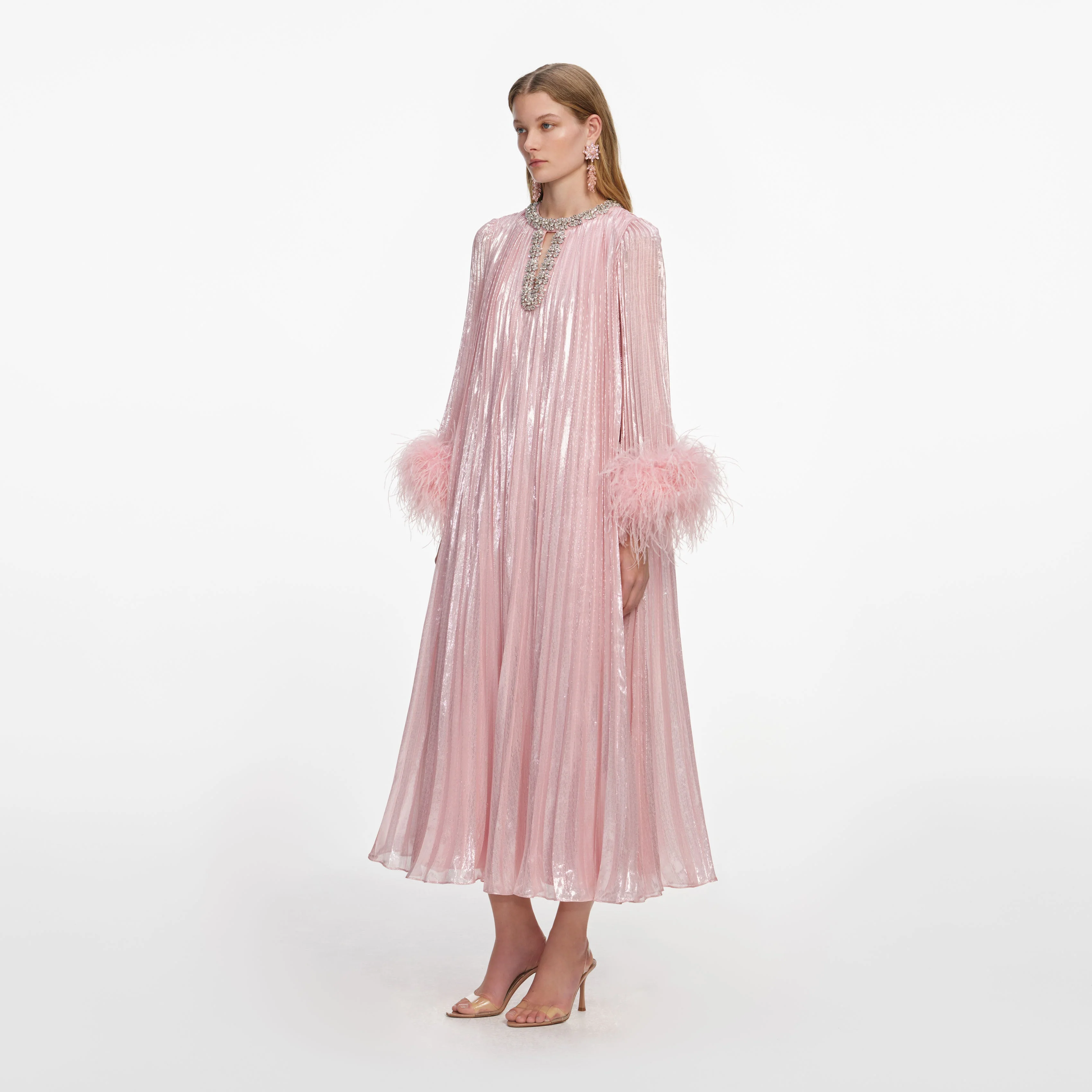 Pink Metallic Chiffon Feather Midi Dress - Image 2