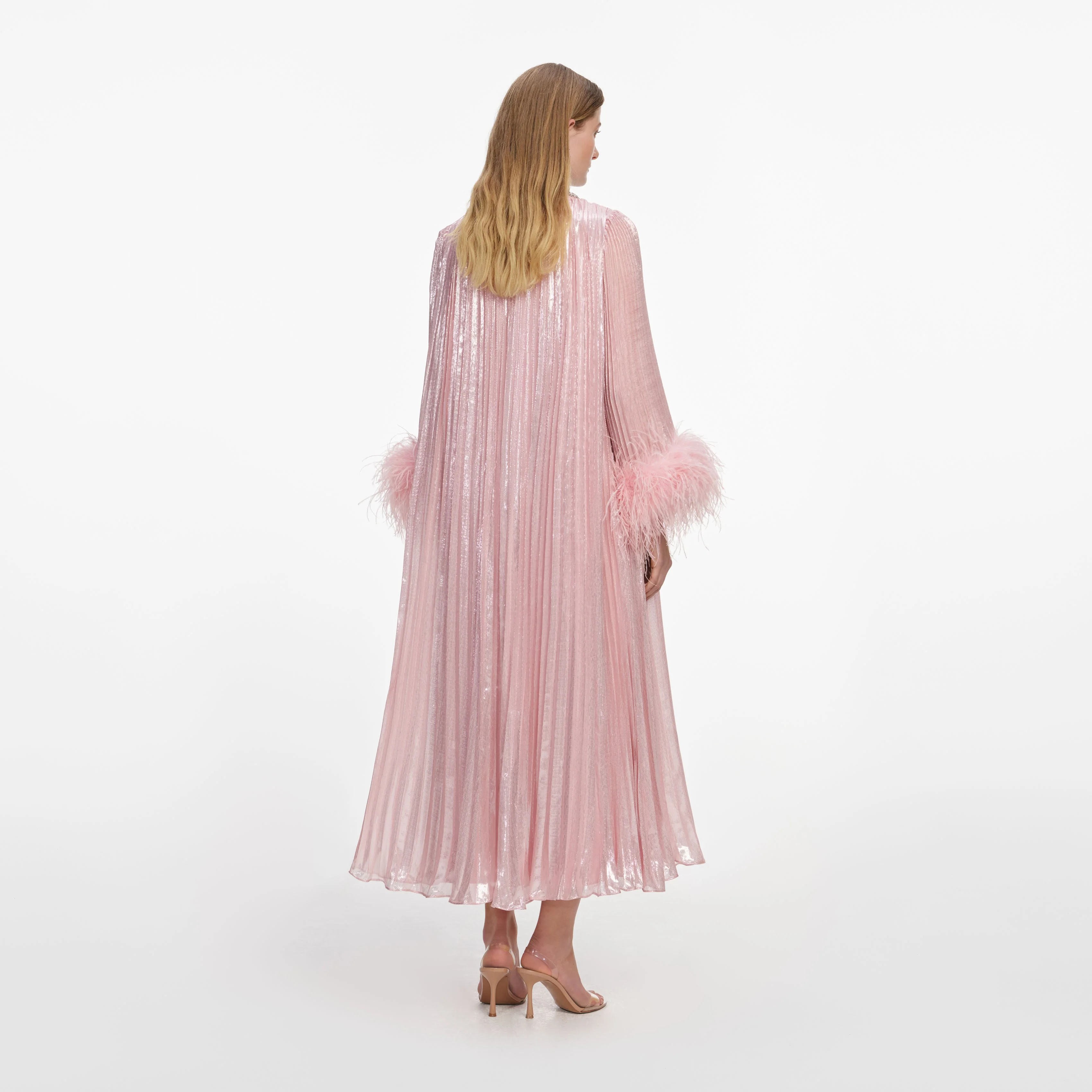 Pink Metallic Chiffon Feather Midi Dress - Image 3