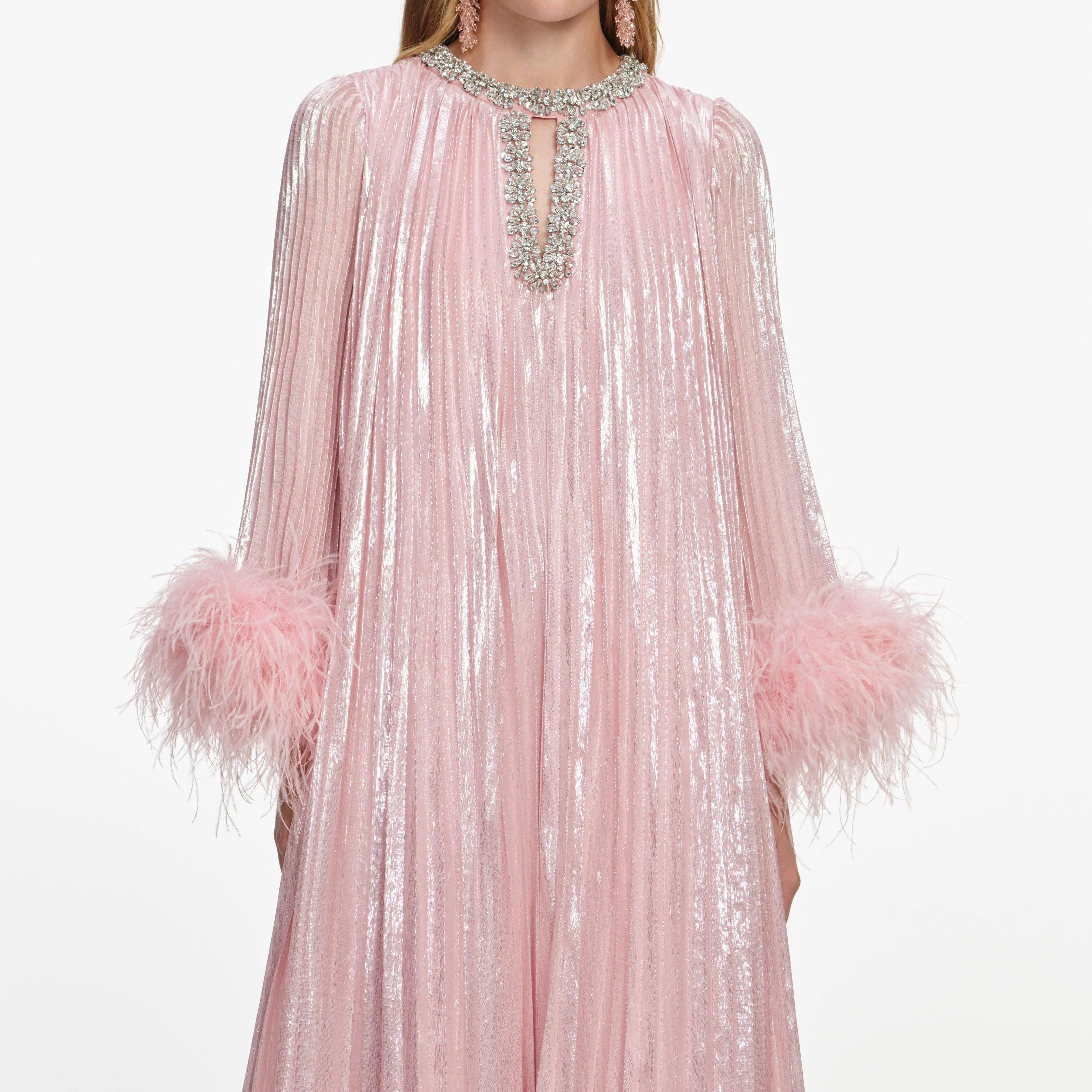 Pink Metallic Chiffon Feather Midi Dress - Image 4