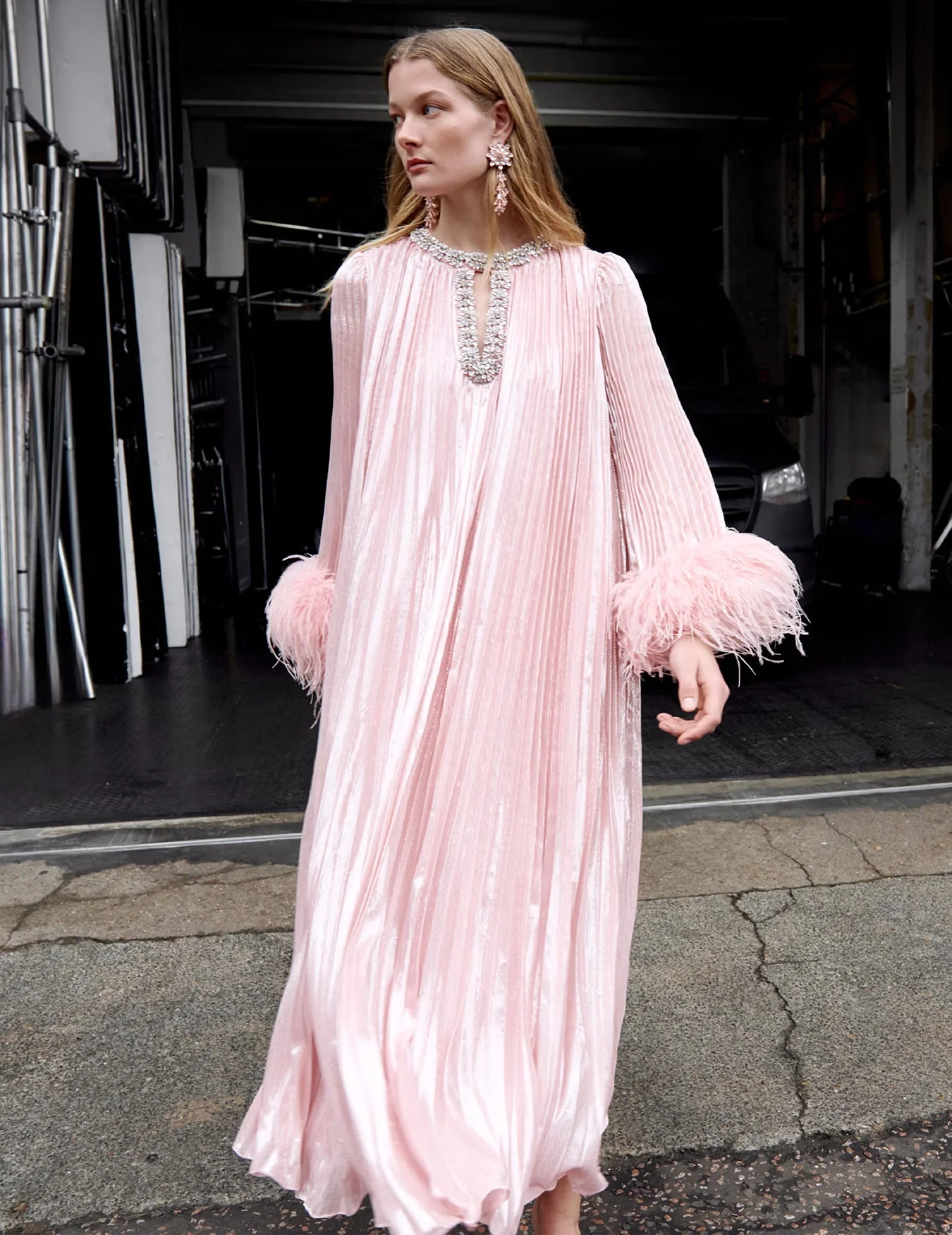 Pink Metallic Chiffon Feather Midi Dress - Image 6