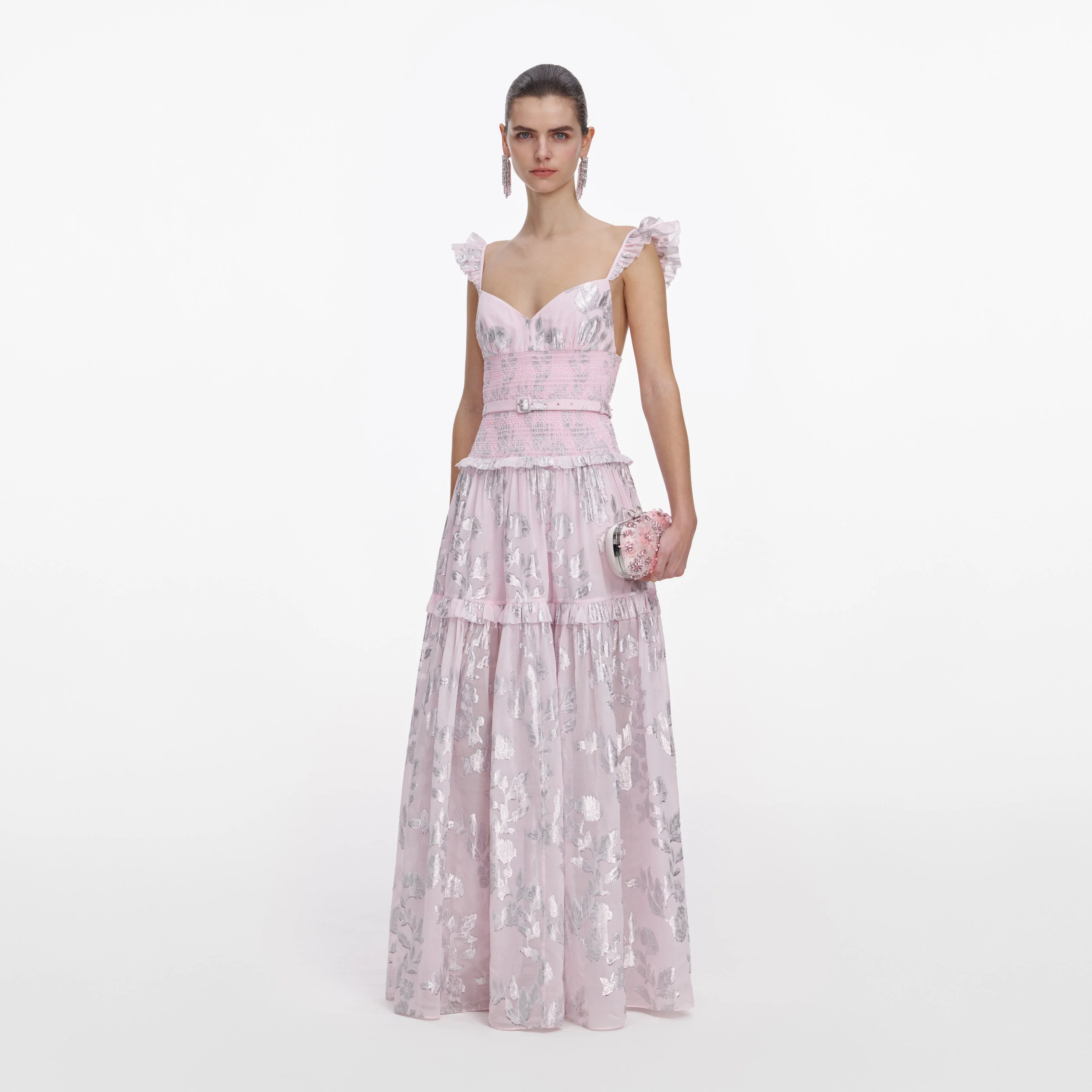 Pink Metallic Chiffon Flower Maxi Dress - Image 2